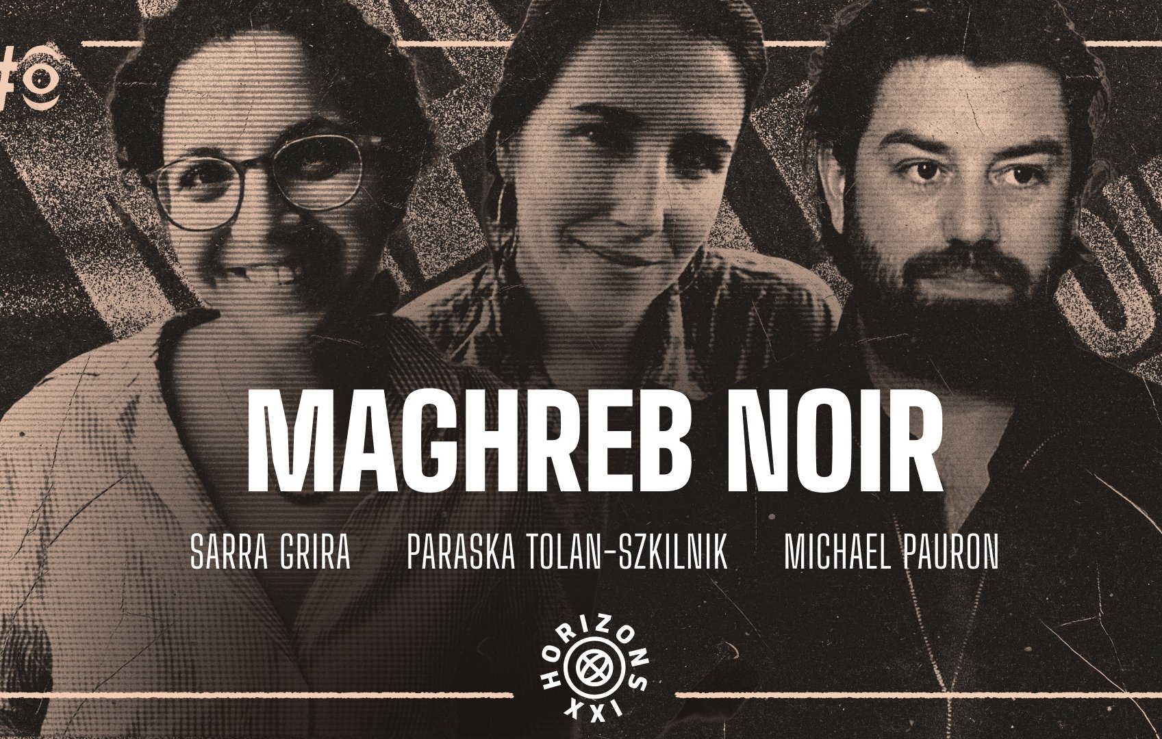 Trois personnes posent, avec le titre "Maghreb Noir" en avant. Ambiance artistique.