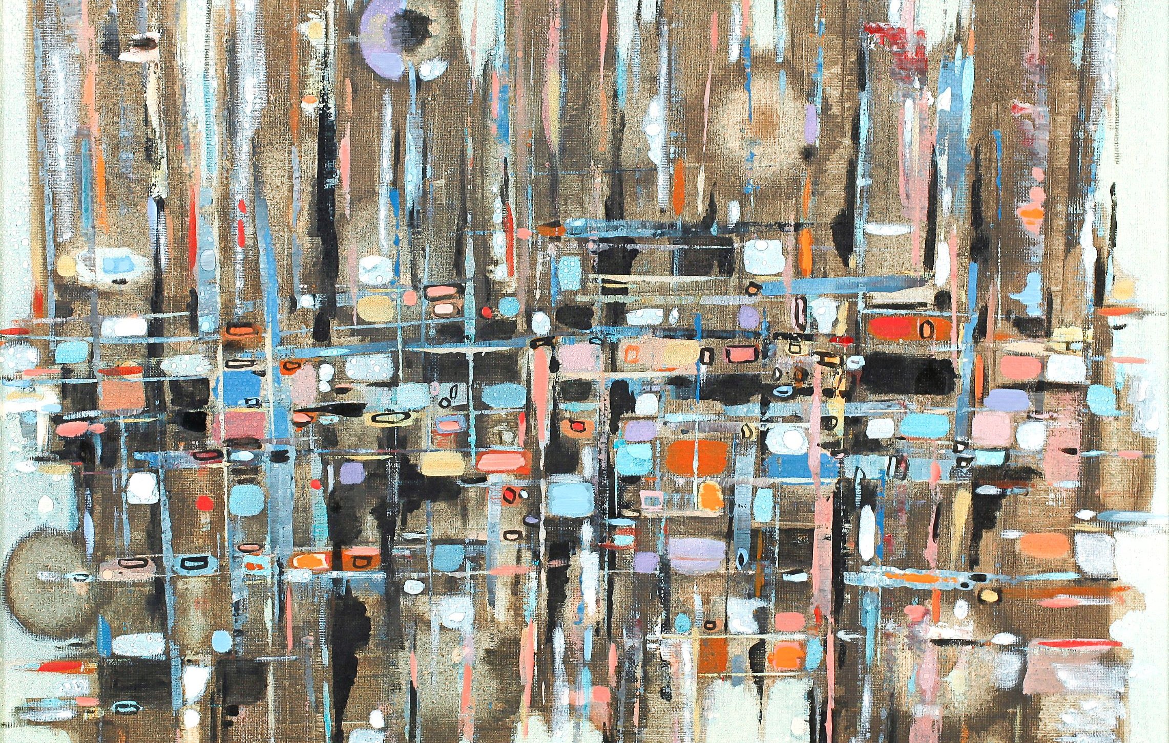 Cette image est une œuvre abstraite qui présente des motifs géométriques et des couleurs variées. On y voit des formes rectangulaires et circulaires disposées de manière apparemment aléatoire, créant une sensation de profondeur et de dynamisme. Les couleurs dominantes incluent des teintes brunes, bleues, blanches et orangées, ce qui donne une impression de chaleur et de sobriété à la fois. Le tableau semble évoquer une sorte de paysage urbain stylisé, avec des éléments visuels qui suggèrent le mouvement et l'interaction.