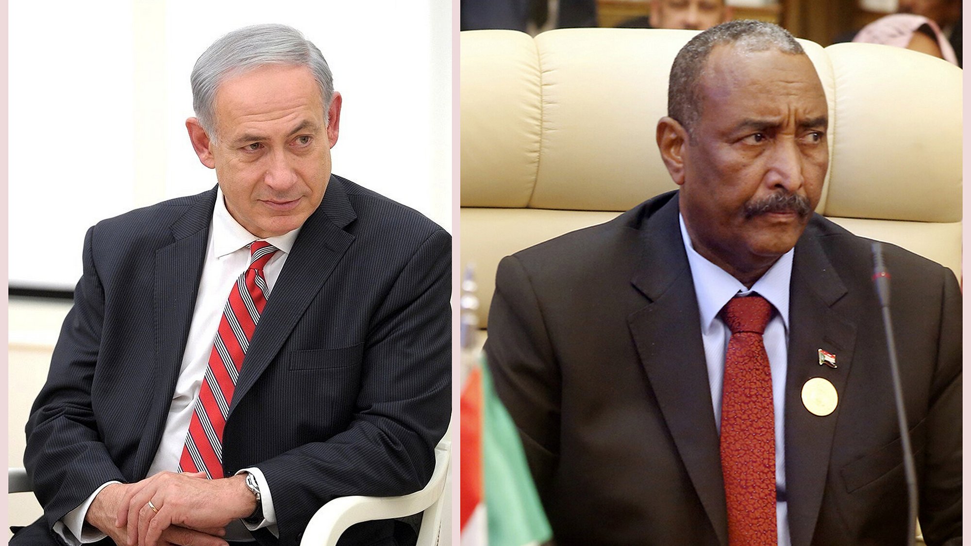 این تصویر دو شخصیت سیاسی را نشان می‌دهد. در سمت چپ، مردی با موهای خاکستری و لباسی رسمی به رنگ سیاه و با کراواتی رد و سفید دیده می‌شود. او در حالتی فکرکرده و آرام نشسته است. در سمت راست، مرد دیگری با صورتی جدی و لباسی رسمی به رنگ سیاه و نشان کشوری بر روی جیب خود نشسته است. این دو نفر احتمالاً در یک نشست یا کنفرانس در حال گفتگو هستند. در پس‌زمینه، تعدادی افراد دیگر مشاهده می‌شوند.