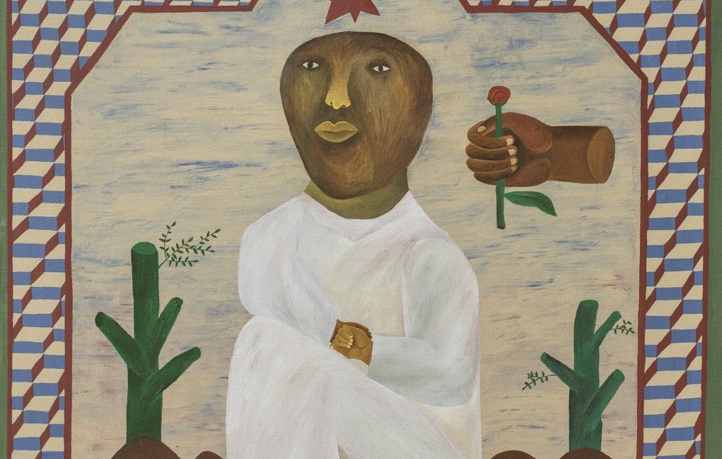 L'image représente une figure assise, habillée en blanc avec un turban orné d'une étoile rouge. Elle est entourée de motifs géométriques et de plantes stylisées. À droite, une main émergente tient une fleur, ajoutant une touche de couleur. Le fond est composé de formes abstraites et de tons doux, créant une atmosphère à la fois vibrante et contemplative.