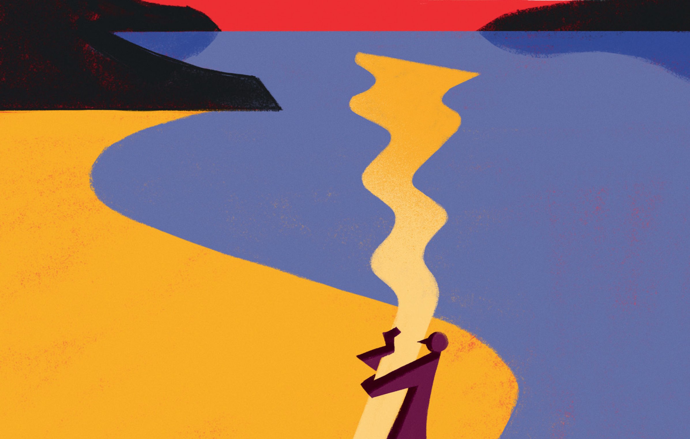 L'image représente une scène colorée d'un paysage côtier. On y voit un homme marchant le long d'une plage, tenant une tasse dans ses mains. La mer est d'un bleu vif, tandis que le sable est jaune. À l'arrière-plan, il y a des collines sombres et un soleil rougeoyant se couche à l'horizon, créant une atmosphère chaleureuse et apaisante. Les nuages sont représentés par des formes blanches qui flottent autour du soleil. L'ensemble dégage une sensation de tranquillité et de contemplation.