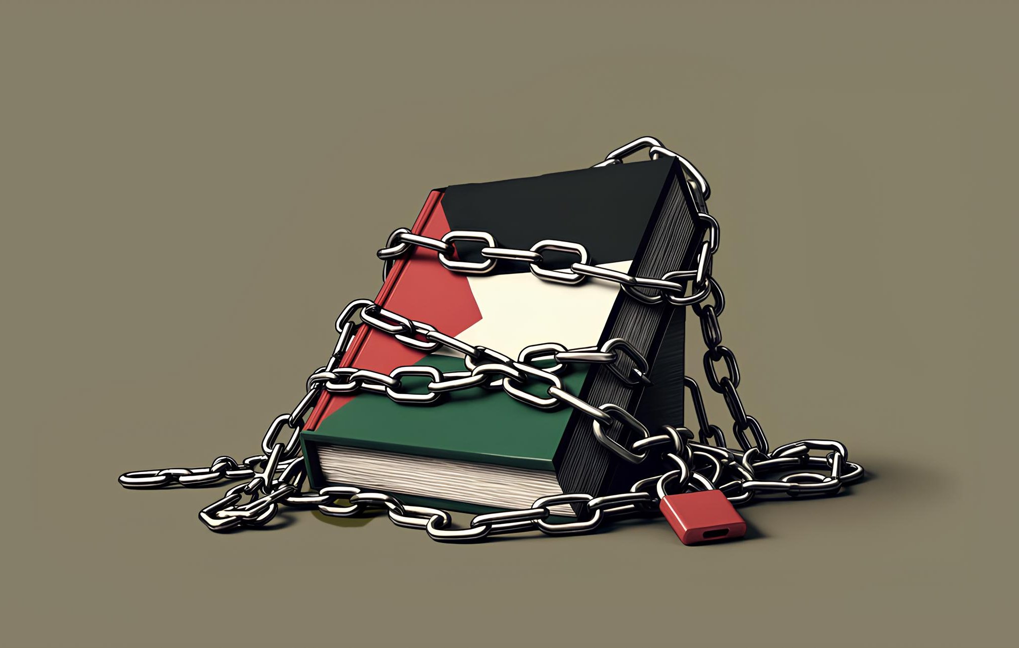 L'immagine mostra un libro avvolto da catene e bloccato con un lucchetto. La copertina del libro presenta i colori della bandiera palestinese: rosso, verde e nero. L'oggetto simboleggia un'idea di restrizione e protezione.