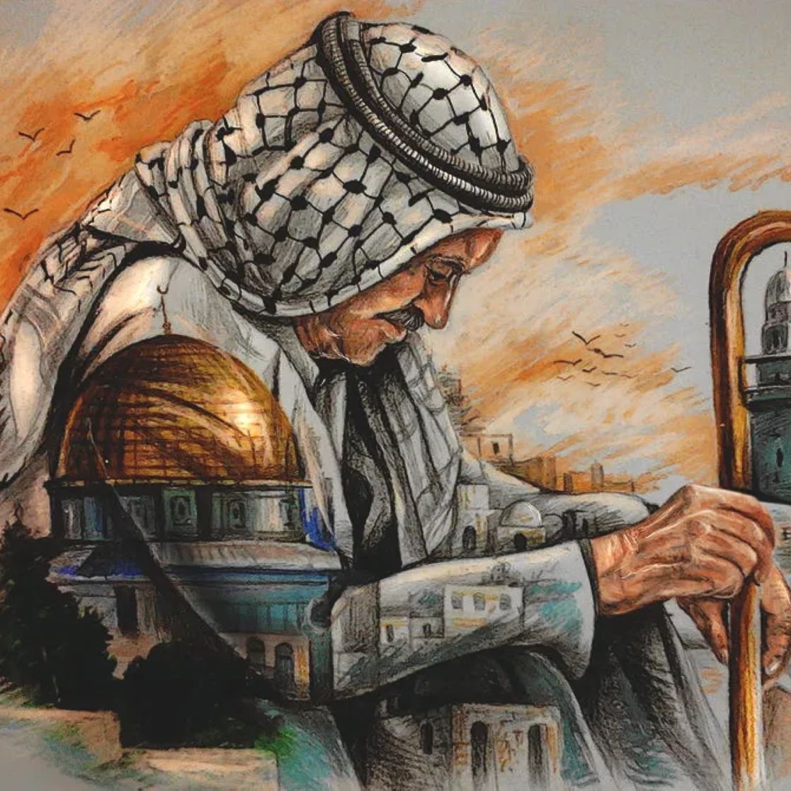 L'image représente un homme âgé portant un keffieh, symbole de l'identité palestinienne, assis avec une canne. Il semble pensif et mélancolique, regardant vers une scène architecturale emblématique, probablement liée à Jérusalem, avec la mosquée et des éléments de paysages urbains. Les couleurs de l'arrière-plan, mélangeant des tons chauds et terreux, évoquent une atmosphère de nostalgie et de réflexion sur l'histoire et la culture. L'artiste a ajouté des oiseaux en vol, ce qui pourrait symboliser la liberté ou l'espoir.