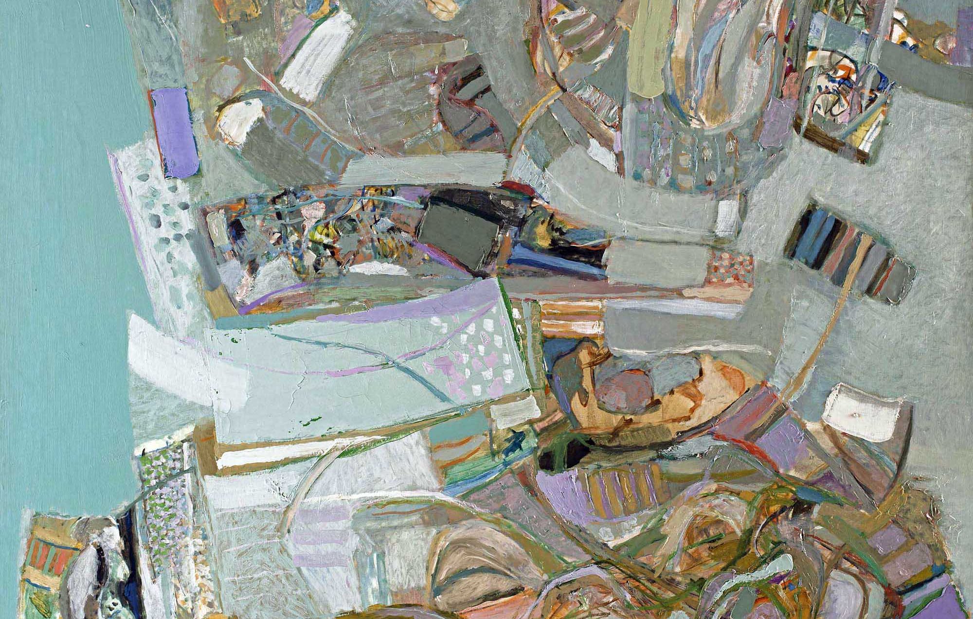 L'image présente une composition abstraite aux couleurs douces et mélangées, dominant des tons de bleu, vert et beige. Des formes organiques et des motifs semblent être dispersés sur la toile, créant une impression de mouvement et de fluidité. Les éléments se chevauchent, suggérant une interaction dynamique entre eux, tandis que des touches de couleur plus vives apportent du contraste. L'ensemble dégage une atmosphère calme et contemplative, avec un équilibre harmonieux entre les formes et les couleurs.