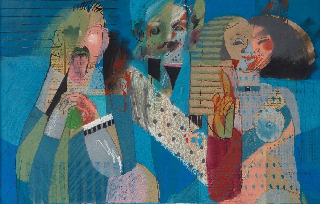 L'image représente une composition abstraite de figures humaines stylisées, avec des formes géométriques et des couleurs vives, principalement des bleus. Les personnages semblent interagir, certains ayant des gestes expressifs, le tout dans un style moderne et artistique.