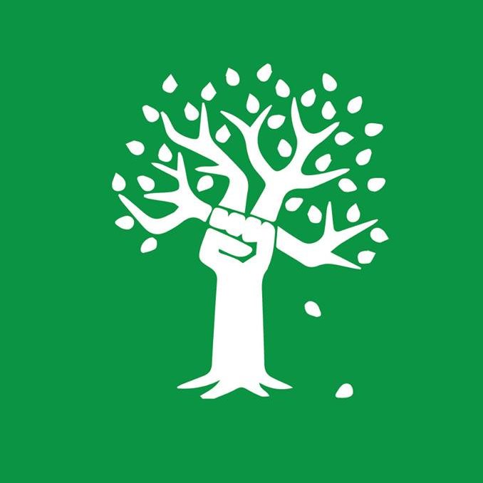 L'image présente un symbole simplifié d'un arbre dont le tronc se termine par un poing levé, ce qui évoque des thèmes de résistance et de lutte. Les branches de l'arbre sont stylisées et dispersent des feuilles, ce qui peut symboliser la vie et le mouvement. Le fond est d'un vert vif, et deux hashtags sont affichés en bas : #direngeziparki et #occupygezi, qui font référence au mouvement de protestation Gezi Park à Istanbul. L'ensemble de l'image véhicule un message d'engagement et de solidarité.