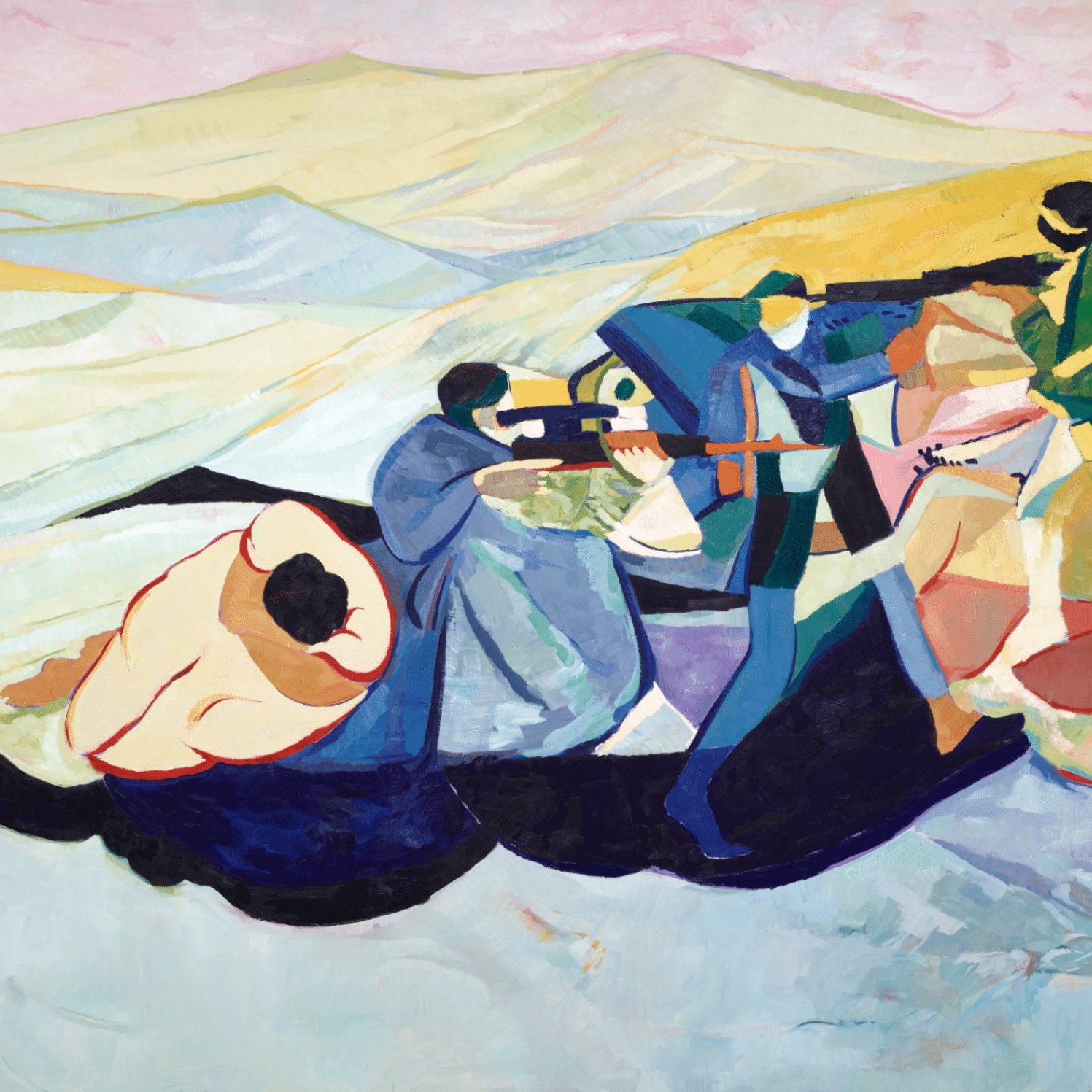 The painting depicts a vibrant and abstract scene featuring figures engaged in a military or combative setting. The use of bold colors and dynamic shapes conveys a sense of movement and emotion. In the foreground, individuals are seen in action, some carrying weapons, while others appear to be in more passive positions. The background suggests a landscape, with undulating hills in softer hues, which contrasts with the intense activity in the forefront. The overall composition creates an impression of tension and drama, inviting viewers to interpret the narrative behind the imagery.