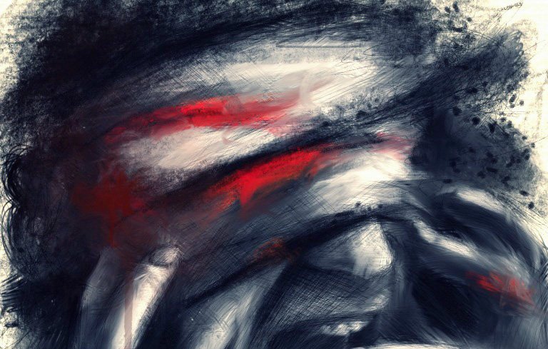 تصویر یک نقاشی انتزاعی است که در آن فردی با دست‌های خود صورتش را گرفته و به نظر می‌رسد در حال فریاد زدن یا ابراز احساساتی شدید است. رنگ‌ها عمدتاً تیره هستند و با رنگ‌های قرمز و خاکستری ترکیب شده‌اند. به کارگیری رنگ‌ها و براش‌های نرم، حس تنش و ناامیدی را به خوبی منتقل می‌کند. این اثر حس قدرتمندی از احساسات درونی را به تصویر می‌کشد.