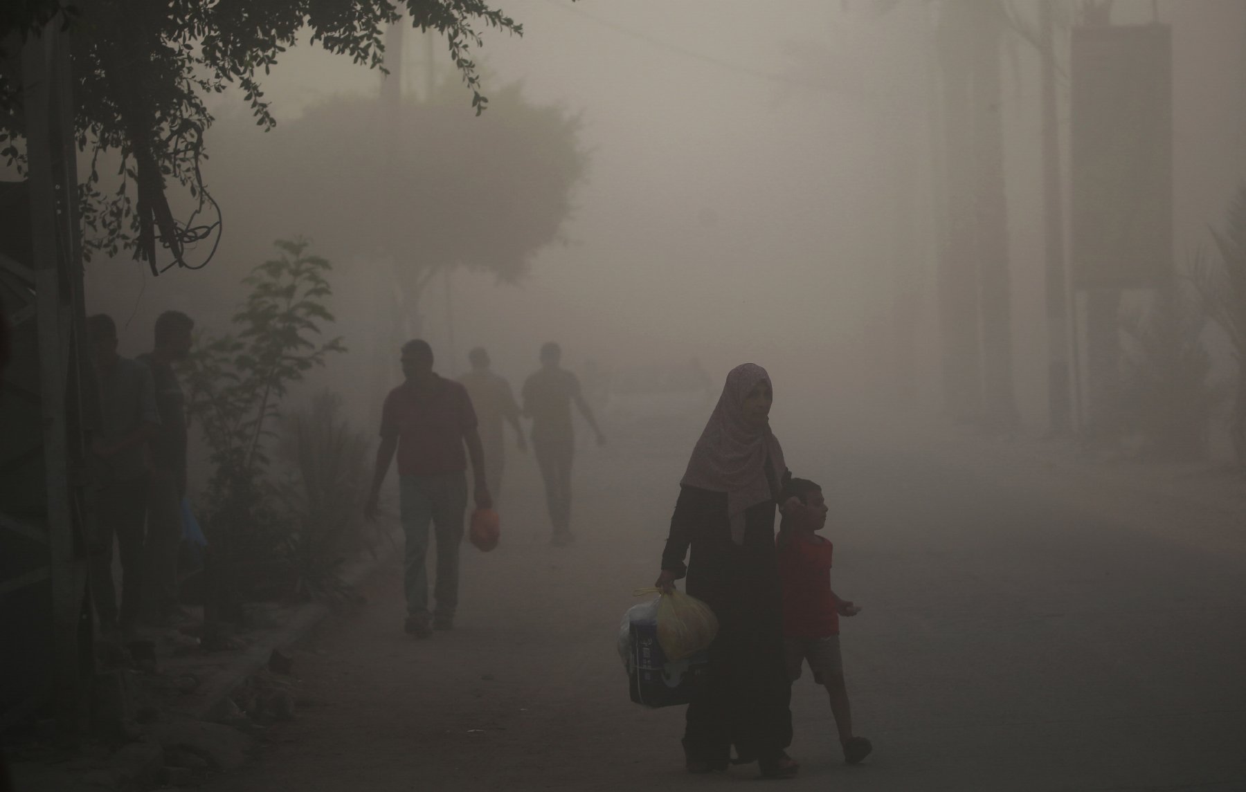 در این تصویر، گروهی از مردم در یک خیابان در حال حرکت هستند. هوا بسیار غبار آلود و مه‌آلوده به نظر می‌رسد. در foreground، یک زن با حجاب و یک کودک در حال عبور هستند. زن وسایلی را در دستانش حمل می‌کند. در پس‌زمینه، دیگر افرادی دیده می‌شوند که به آرامی در این شرایط نامساعد حرکت می‌کنند. فضای تصویر حسی از ابهام و دلتنگی را به تصویر می‌کشد.