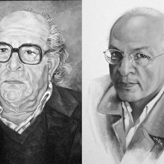 L'image montre deux portraits en noir et blanc. Le premier portrait à gauche représente un homme d'âge mûr avec des cheveux gris, portant des lunettes et une expression sérieuse. Il est vêtu d'un pull noir et d'une veste. Le second portrait à droite présente également un homme d'âge mûr, avec des lunettes et des cheveux gris, mais il a un sourire subtil. Son style vestimentaire est plus formel, avec un manteau clair. Les deux portraits semblent détaillés et bien réalisés, mettant en avant l'expression des visages.