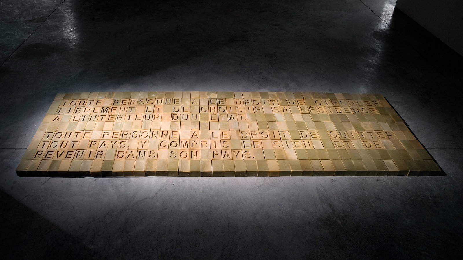 L'image montre une installation au sol formée de blocs rectangulaires disposés de manière à former un texte. Le texte est en relief et semble évoquer des thèmes liés aux droits de l'homme, notamment le droit à la liberté et à l'asile. L'éclairage met en valeur les mots, créant une ambiance à la fois réfléchie et sérieuse. Le sol sur lequel se trouvent les blocs est en béton, et l'environnement semble être une galerie d'art ou un espace d'exposition.