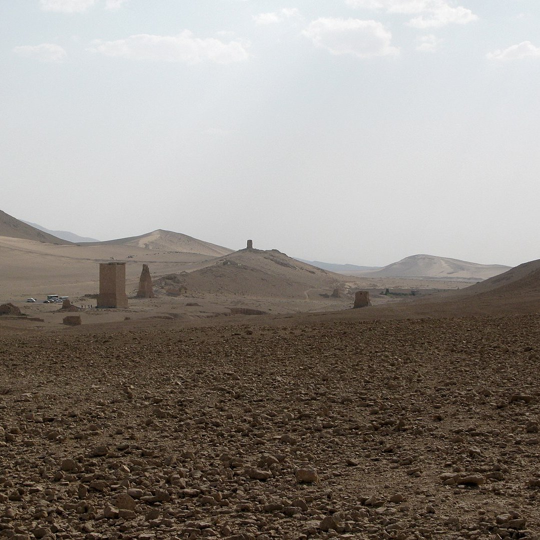 L'image montre un paysage désertique avec des collines et des formations rocheuses. Le sol est aride, parsemé de cailloux et de petites pierres. À l'horizon, on peut apercevoir quelques structures anciennes, probablement des vestiges ou des ruines, qui se détachent dans le paysage. Le ciel est clair, avec quelques nuages, et la lumière semble douce, créant une ambiance tranquille et isolée.