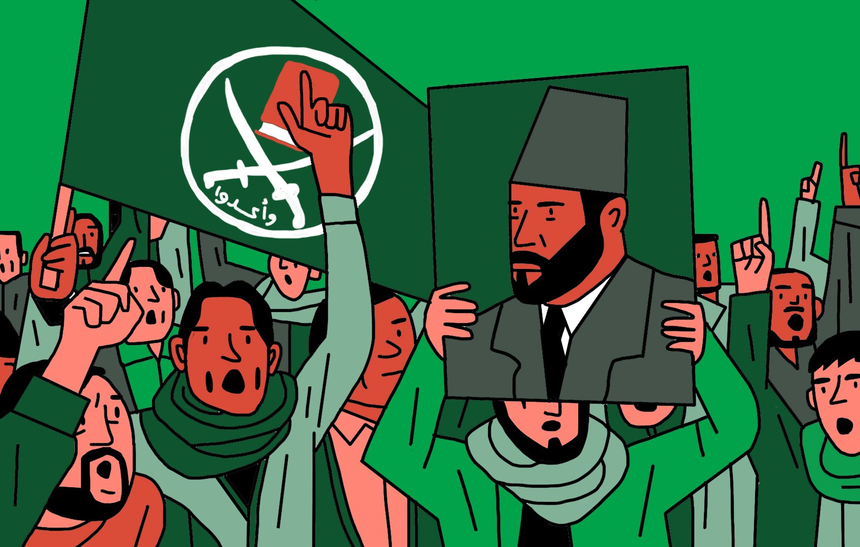 L'image montre un groupe de personnes rassemblées, brandissant des drapeaux et tenant une grande affiche avec le portrait d'un homme. L'atmosphère semble être celle d'une manifestation ou d'un rassemblement politique, avec des personnes qui expriment leur soutien ou leurs revendications. Les participants portent des écharpes, et certains lèvent le poing en l'air, ce qui indique une dynamique de mobilisation. L'arrière-plan est d'une couleur verte uniforme, ce qui ajoute un sentiment d'unité à la scène.