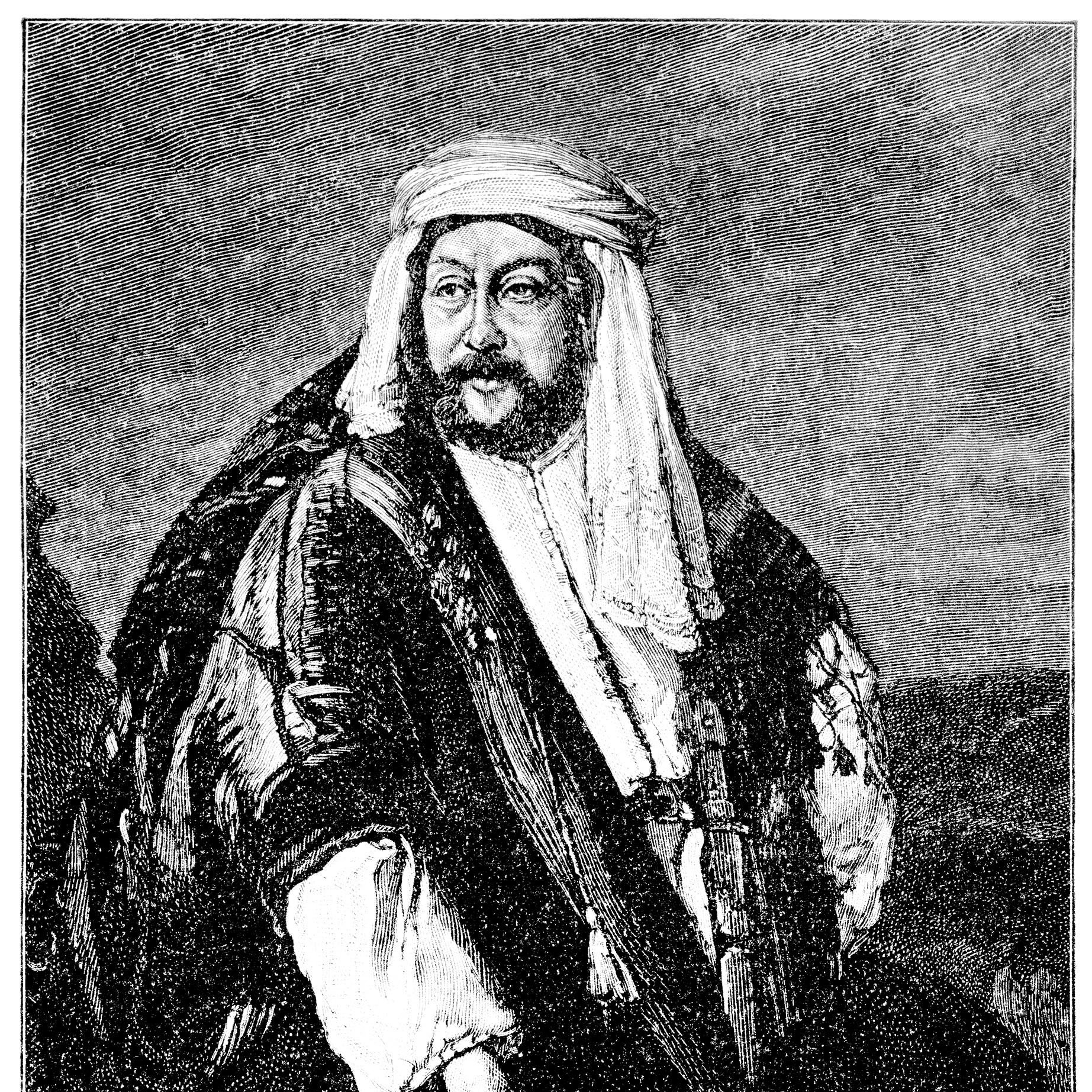 L'image représente un homme assis, habillé dans un costume traditionnel richement orné. Il porte une coiffe typique et un manteau décoré, avec des détails qui soulignent son statut. Son expression est sérieuse et réfléchie, et il est entouré d'un paysage à l'arrière-plan, suggérant un contexte culturel ou historique. Les ombres et les lumières dans le dessin ajoutent une profondeur au portrait.