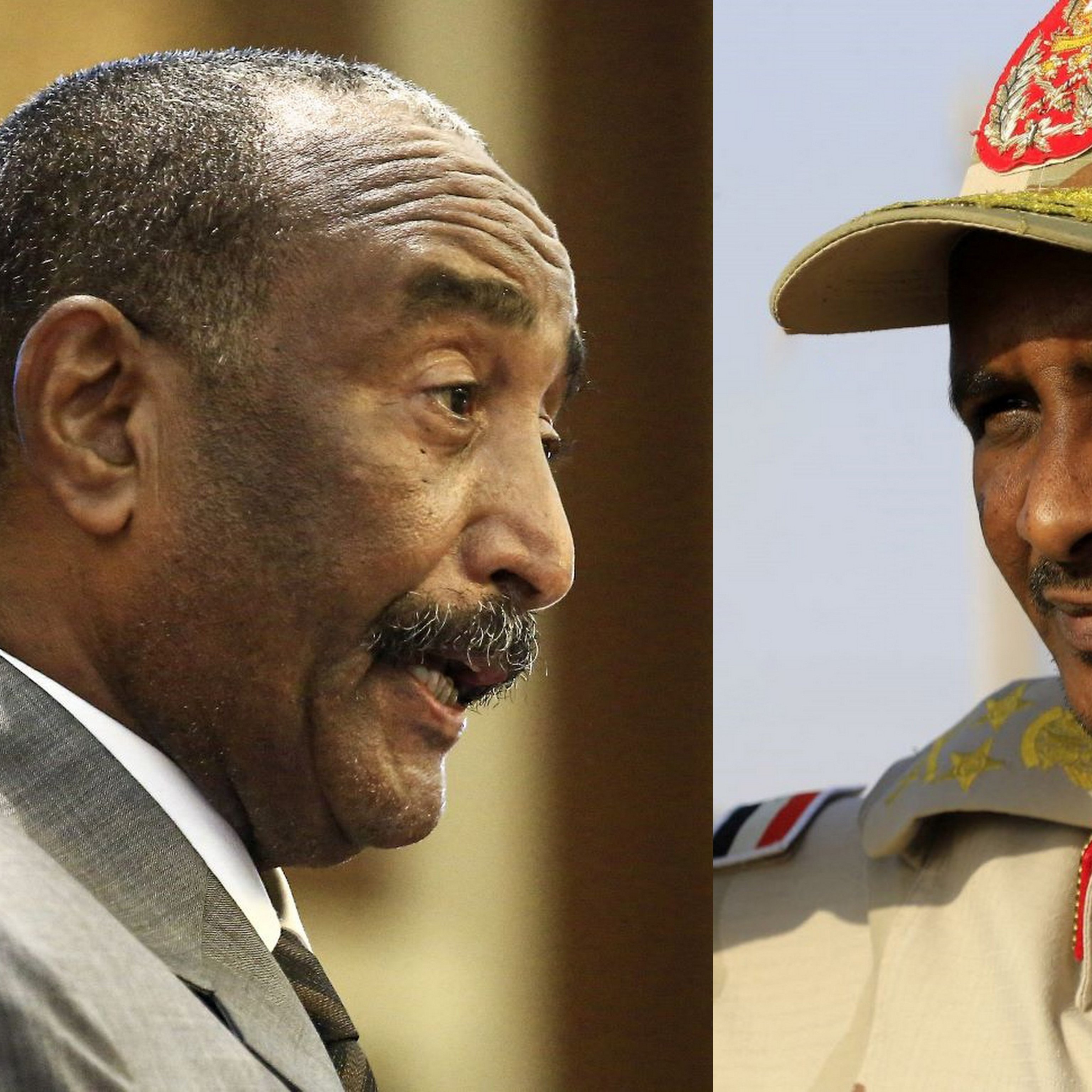 این تصویر دو مرد را نشان می‌دهد که در دو سمت مختلف قرار دارند. یکی از آنها در لباس رسمی و دیگری در لباس نظامی با نشان‌های نظامی بر روی کلاه خود است. هر دو به نظر می‌رسند در حال گفتگو یا بیان نظری هستند و توجهات زیادی را جلب کرده‌اند. زمینه تصویر آبی و طبیعی به نظر می‌رسد.