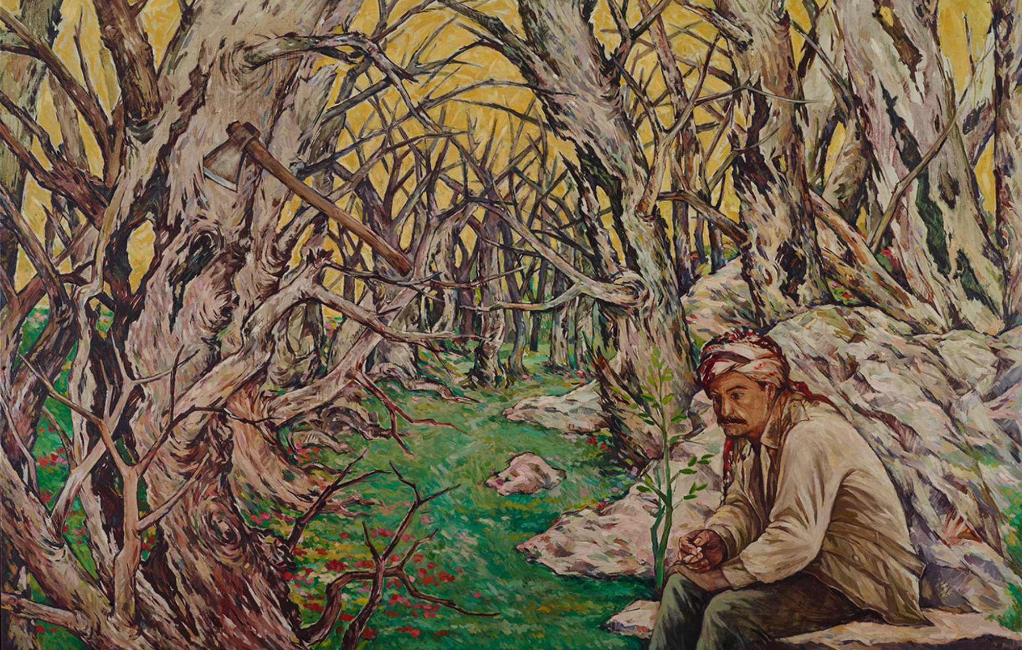 L'image montre un homme assis sur une pierre, entouré d'arbres morts et dénudés. Le sol est verdoyant, et l'atmosphère semble mélancolique, avec un ciel jaunâtre. L'homme semble pensif et ressourceé dans ce paysage désolé.