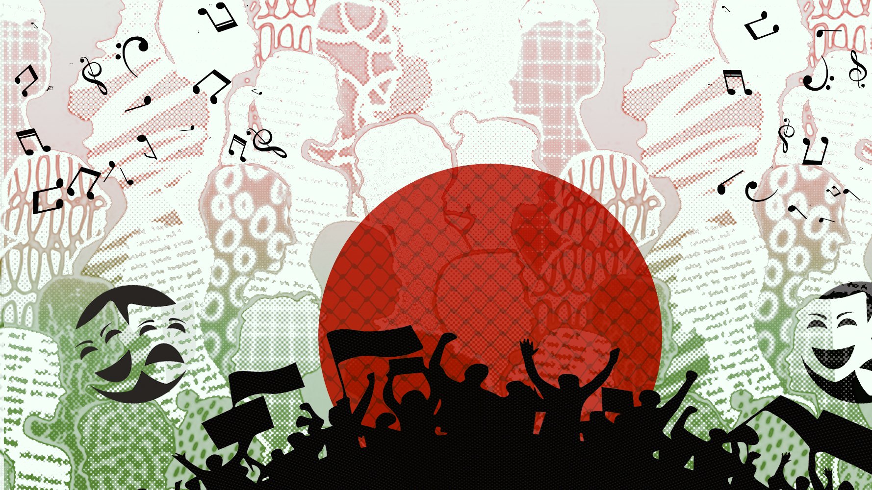 A vibrant scene with silhouettes of people celebrating, musical notes, and a large red circle symbolizing Bangladesh.