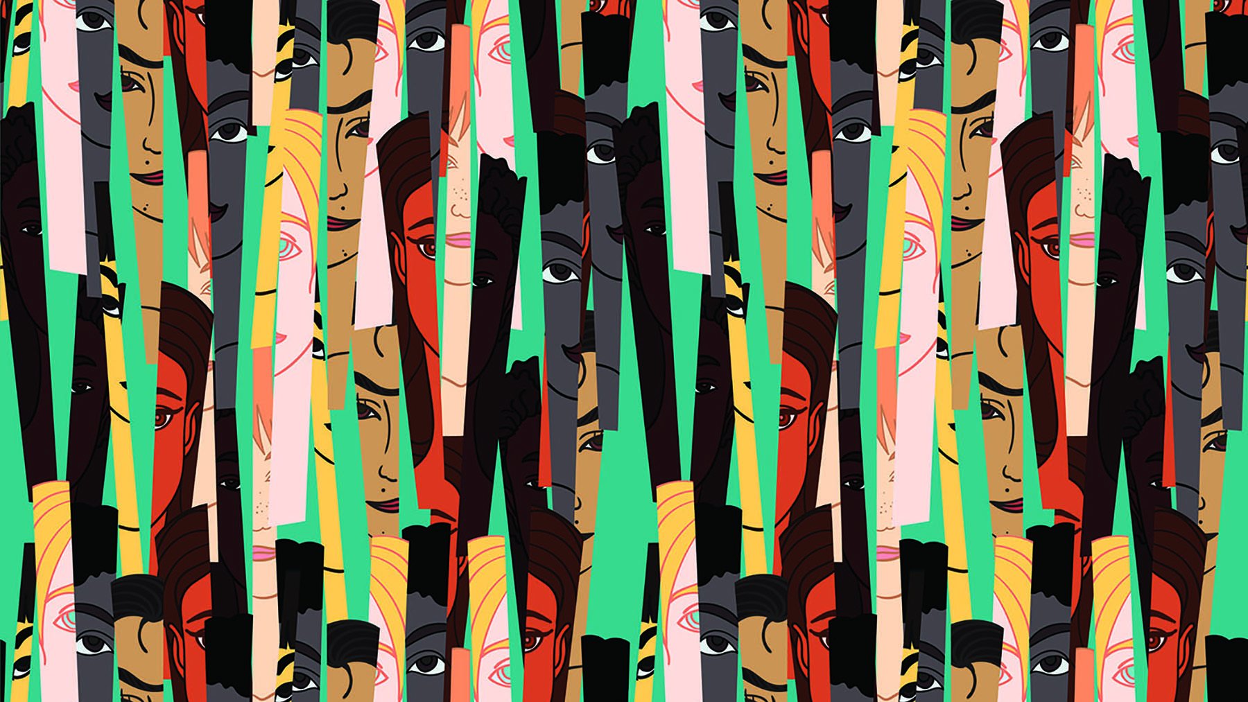 این تصویر یک الگوی هنری انتزاعی را نشان می‌دهد که شامل چهره‌های مختلف انسان‌هاست. چهره‌ها در رنگ‌های متنوع و با جزئیات متفاوتی طراحی شده‌اند و در بین آن‌ها نوارهایی از رنگ‌های مختلف وجود دارد که به ایجاد حس عمق و حرکت کمک می‌کند. ترکیب رنگ‌ها و شکل‌ها حس تنوع و چندگانگی را منتقل می‌کند.