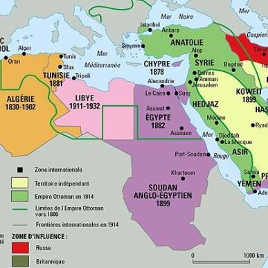 Cette image représente une carte historique du Moyen-Orient et de l'Afrique du Nord, illustrant les différentes zones de contrôle et d'influence des puissances européennes au début du 20ème siècle, notamment en 1912. On y voit des territoires en, couleur tels que le Maroc, l'Algérie, la Tunisie, et la Libye, ainsi que des régions comme l'Empire ottoman, l'Égypte, et la péninsule arabique. Les zones sous contrôle britannique, français, et espagnol sont clairement délimitées, tout comme les zones d'influence de la Russie et d'autres puissances. Cette carte met en évidence les rivalités coloniales de l'époque.