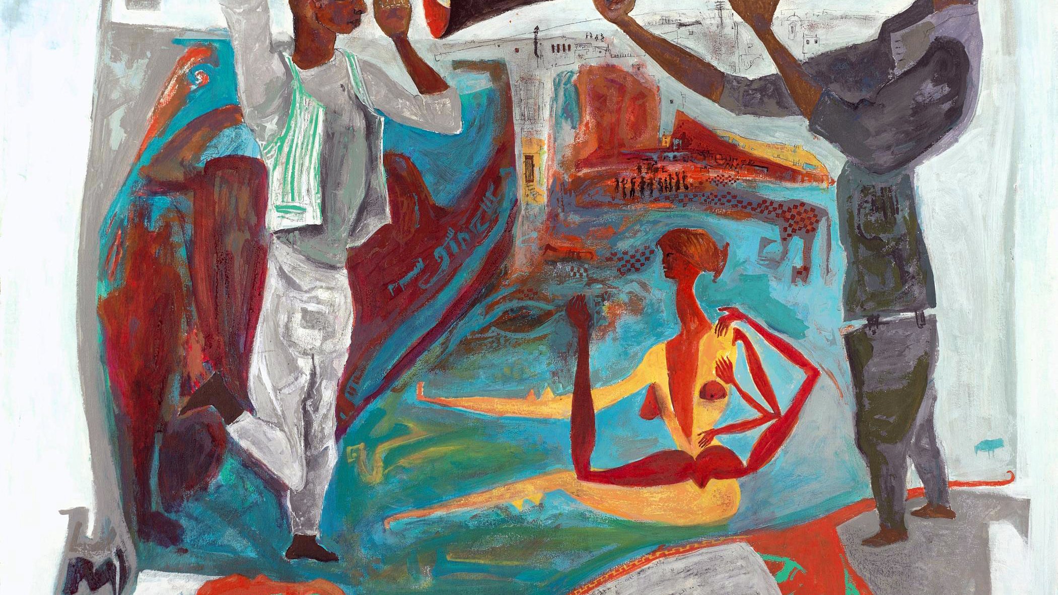 L'image présente une composition colorée et expressive, mêlant des personnages et des éléments symboliques. On y voit un homme jouant d'un instrument à vent, tandis qu'un autre personnage semble s'animer en dansant ou en célébrant. Des formes et des figures abstraites, comme une silhouette humaine en arrière-plan et des motifs évoquant la nature ou un paysage, enrichissent la scène. Les couleurs vives dominent, créant une atmosphère dynamique et vivante. L'ensemble évoque des thèmes de culture et de célébration.