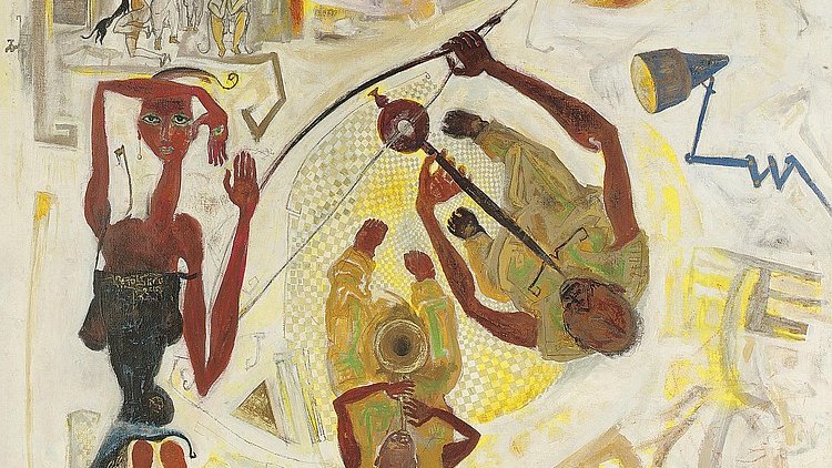 L'image présente une composition artistique avec des figures stylisées et des éléments abstraits. Au centre, on peut voir une femme aux traits distinctifs, avec des yeux expressifs et une posture dynamique. À droite, deux hommes semblent jouer de la musique, probablement avec des instruments. L'arrière-plan est composé de formes géométriques et de couleurs vives, créant une atmosphère vibrante et énergique. Des silhouettes et des motifs sont dispersés dans l'œuvre, apportant une dimension narrative et culturelle à l'ensemble.