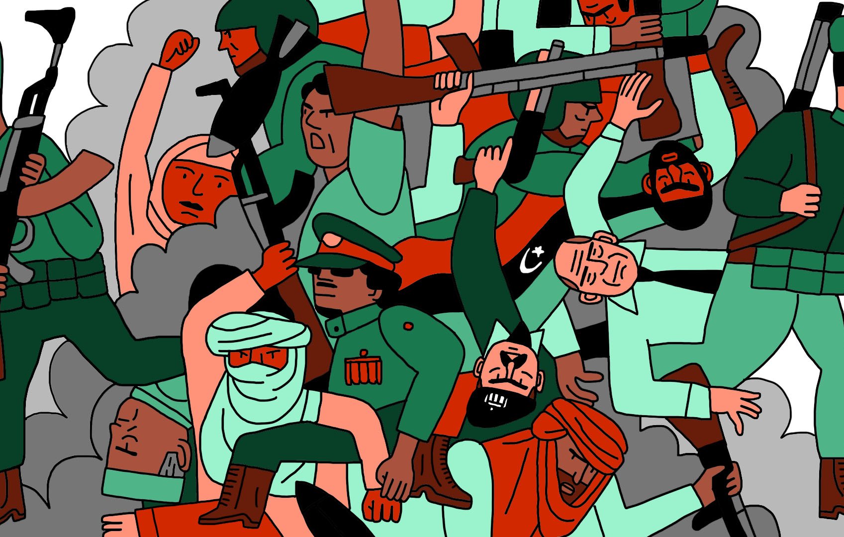 L'image représente une scène dynamique et chaotique de conflit, avec de nombreuses figures humaines en mouvement. On y voit des soldats portant des uniformes variés, certains armés de fusils. Les expressions des personnages sont intenses, reflétant la tension de la situation. Les couleurs sont vives, avec une dominance de rouge, vert et beige, ajoutant à l'énergie de la composition. En arrière-plan, des formes évoquant des nuages de fumée viennent renforcer l'atmosphère de conflit. L'ensemble donne un sentiment de lutte et de désordre.