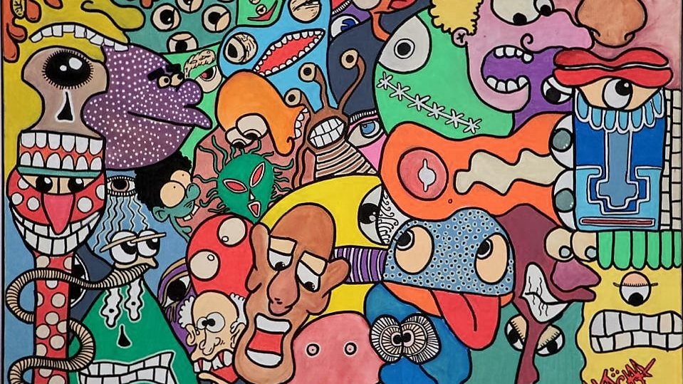 L'image semble être une composition artistique vibrante et colorée, remplie de visages stylisés et d'expressions variées. On peut y voir une multitude de formes et de motifs, avec des couleurs vives comme le rouge, le bleu, le vert et le jaune. Les personnages montrent des traits exagérés, et il y a une certaine diversité dans les expressions, allant de la colère à la surprise. Le style peut évoquer un mélange d'art pop et de surréalisme, avec des éléments abstraits et ludiques qui attirent l'œil. Cette œuvre semble inviter à la réflexion et à l'interprétation.