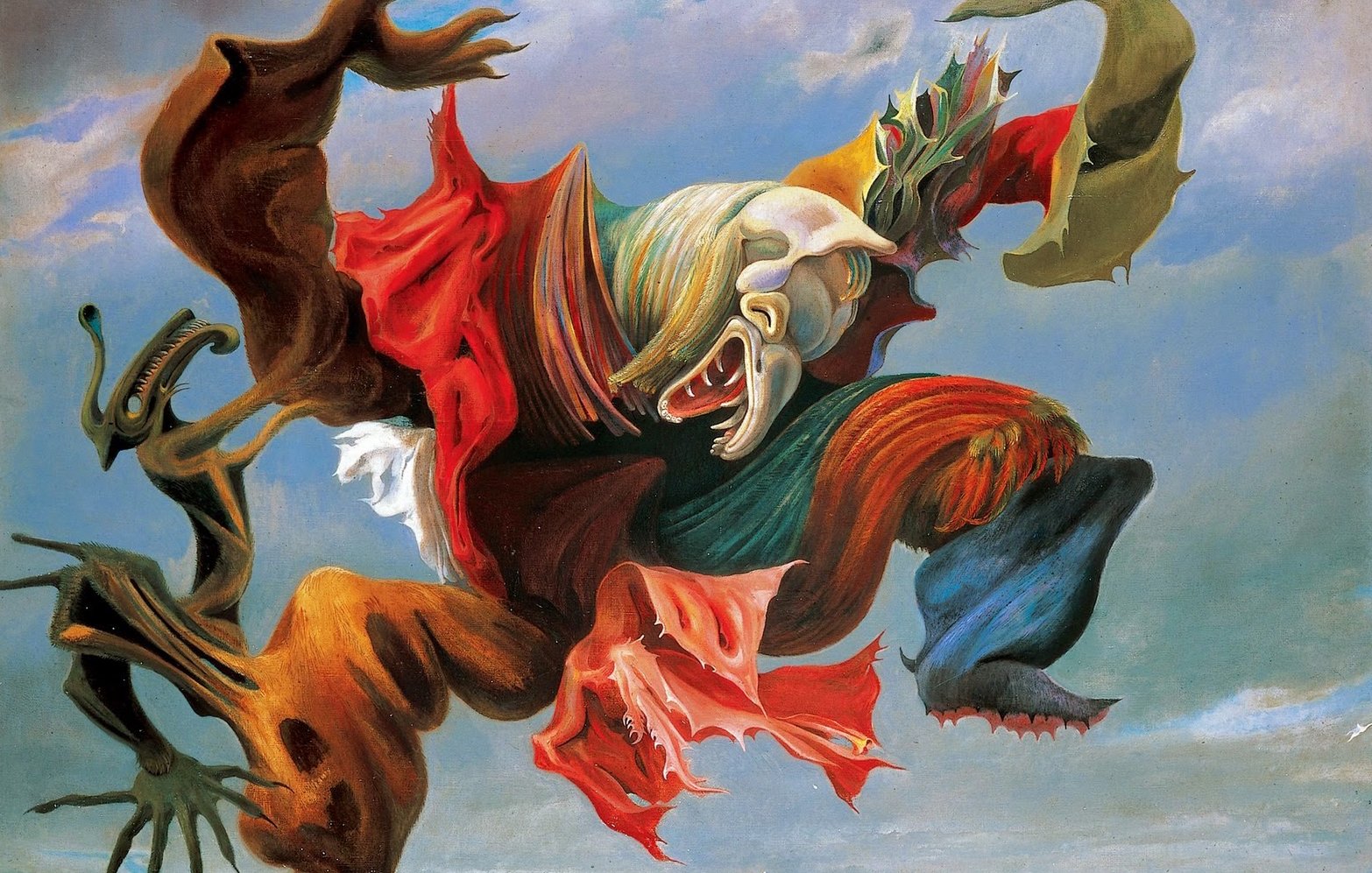 The image depicts a surreal, dynamic figure in an exaggerated pose, characterized by vibrant colors and fluid forms. The figure seems to be wearing tattered clothing, with drapes flowing around it in a dramatic manner. Its face exhibits a range of expressive features, hinting at emotions like anger or desperation. The background is a blend of muted blues and greens, providing a stark contrast to the intense colors of the figure. Strange, abstract shapes and forms surround the central figure, enhancing the surreal atmosphere of the artwork. Overall, it conveys a sense of movement, transformation, and emotional intensity.