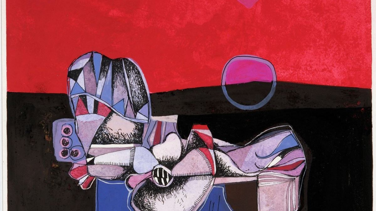 L'image présente une composition abstraite aux couleurs vives, dominée par des teintes rouges, noires et bleues. On peut observer des formes géométriques et des silhouettes stylisées, notamment une figure centrale aux formes organiques qui paraît être en mouvement. Des éléments graphiques, comme un cercle et une flèche, ajoutent une dimension dynamique à l'ensemble. Le contraste entre les couleurs et les formes crée une atmosphère intrigante et expressive.