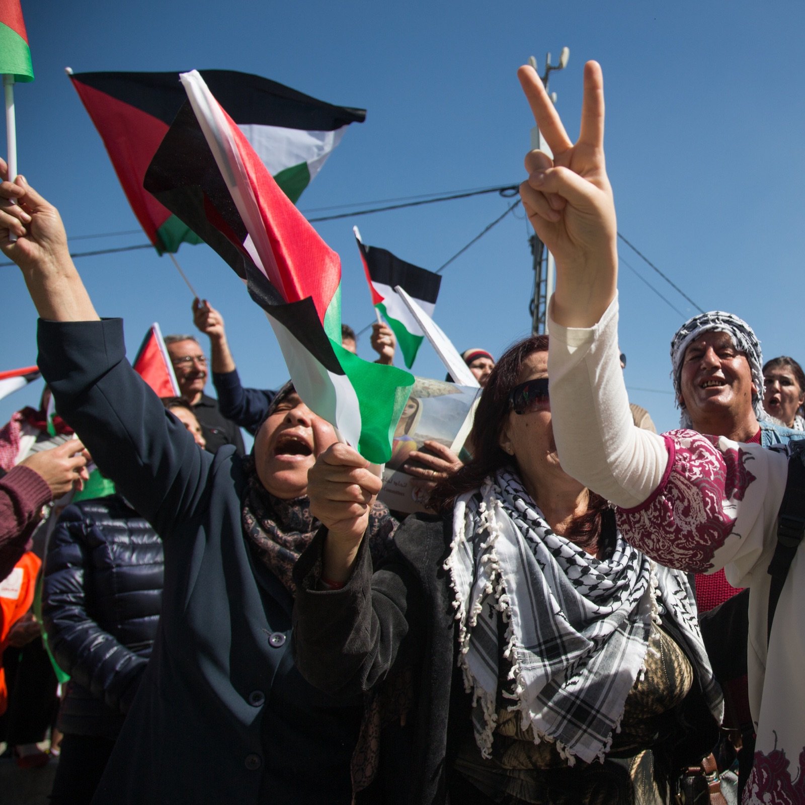L'image montre une manifestation expressive, avec des personnes brandissant des drapeaux palestiniens et scandant des slogans. Les manifestants semblent passionnés et engagés, certains levant les bras en signe de victoire. Au premier plan, une femme en hijab tient un panneau et exprime son enthousiasme. L'arrière-plan est rempli de supporters, créant une atmosphère de solidarité et de détermination. La scène se déroule sous un ciel bleu, renforçant le sentiment d'énergie et de mobilisation.
