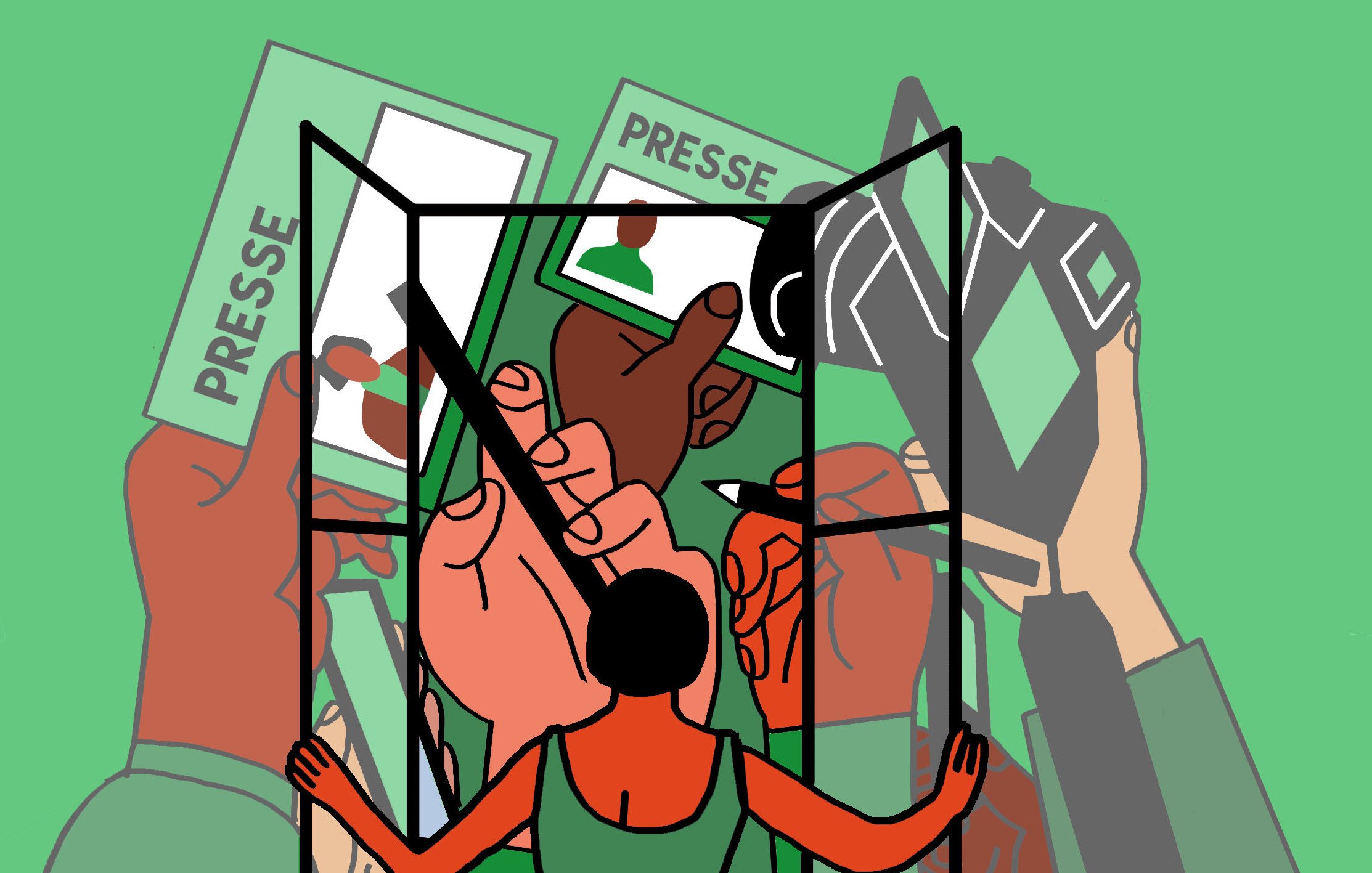 L'image montre une femme en silhouette, face à une fenêtre ouverte. À travers cette fenêtre, on voit plusieurs mains qui tiennent des objets liés à la presse, comme des cartes de presse et un appareil photo. Le fond est vert, ce qui crée un contraste avec les mains et la silhouette de la femme. L'ensemble évoque le monde du journalisme et de la communication.