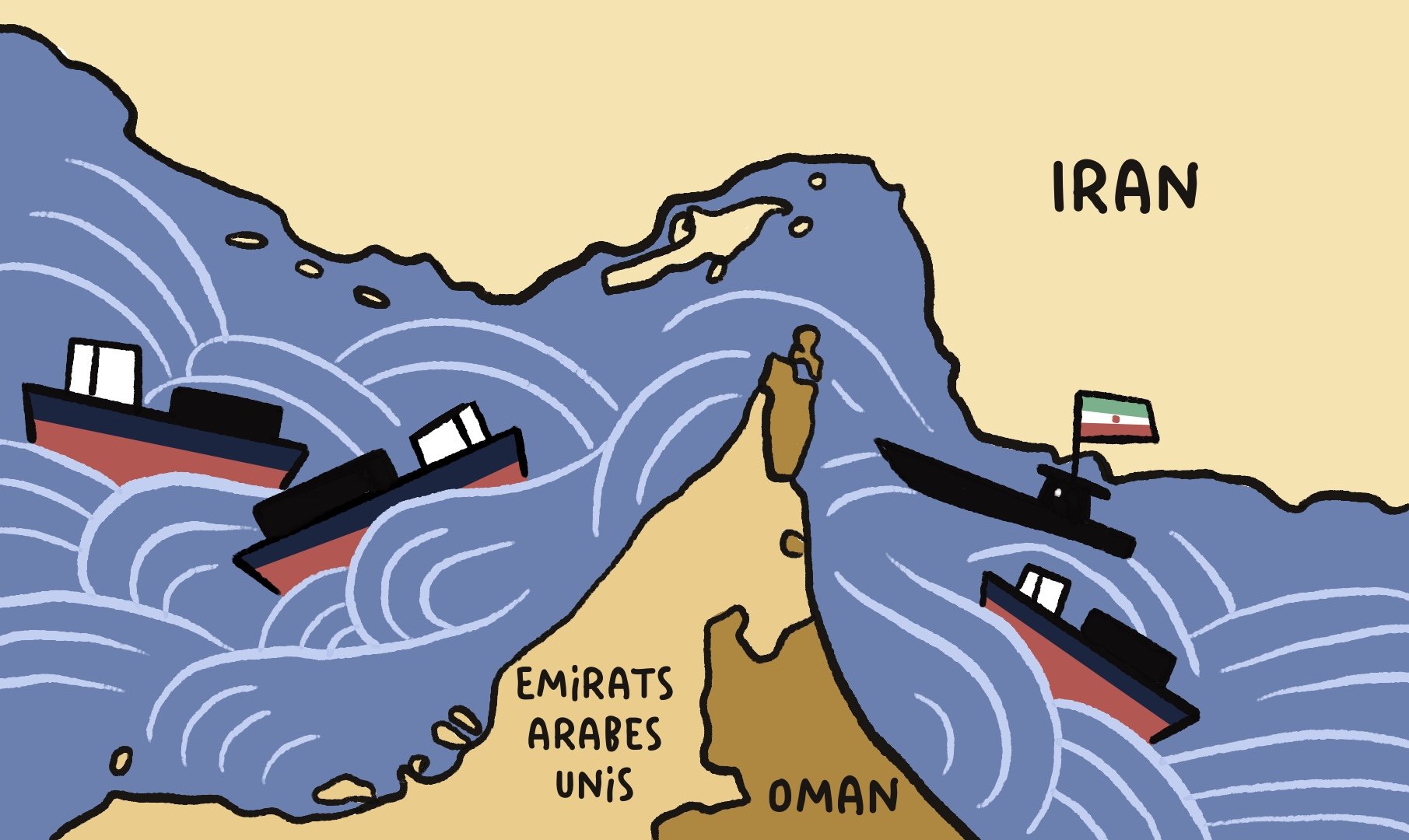 A cartoon map showing boats in rough waters near Iran, with labels for the UAE and Oman.