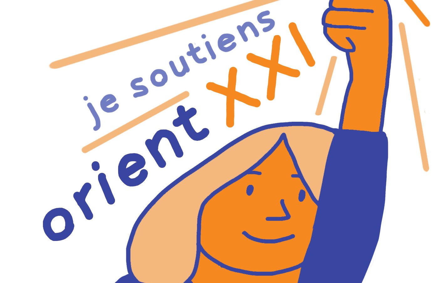 L'image montre une illustration stylisée d'une personne levant la main avec un symbole de l'euro. Les couleurs dominantes sont le bleu et l'orange. Le texte "je soutiens orient XXI" est écrit de manière dynamique, suggérant un message de soutien ou d'engagement. L'expression du personnage semble confiante et positive.