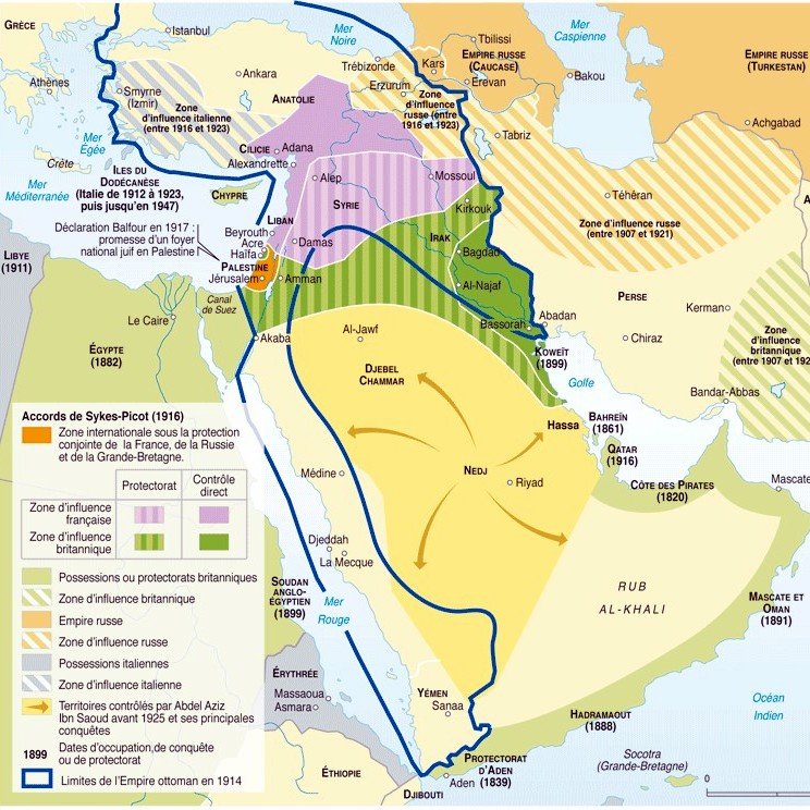 L'image est une carte historique du Moyen-Orient, illustrant les accords de Sykes-Picot signés en 1916. Elle montre les zones d'influence et de protection des puissances européennes, notamment la France et la Grande-Bretagne, après la Première Guerre mondiale. On y voit différentes régions colorées, représentant les territoires protégés, les empires et les limites de l'Empire ottoman en 1914. Des annotations trouvent des dates importantes et des informations concernant la division géographique des territoires dans la région.