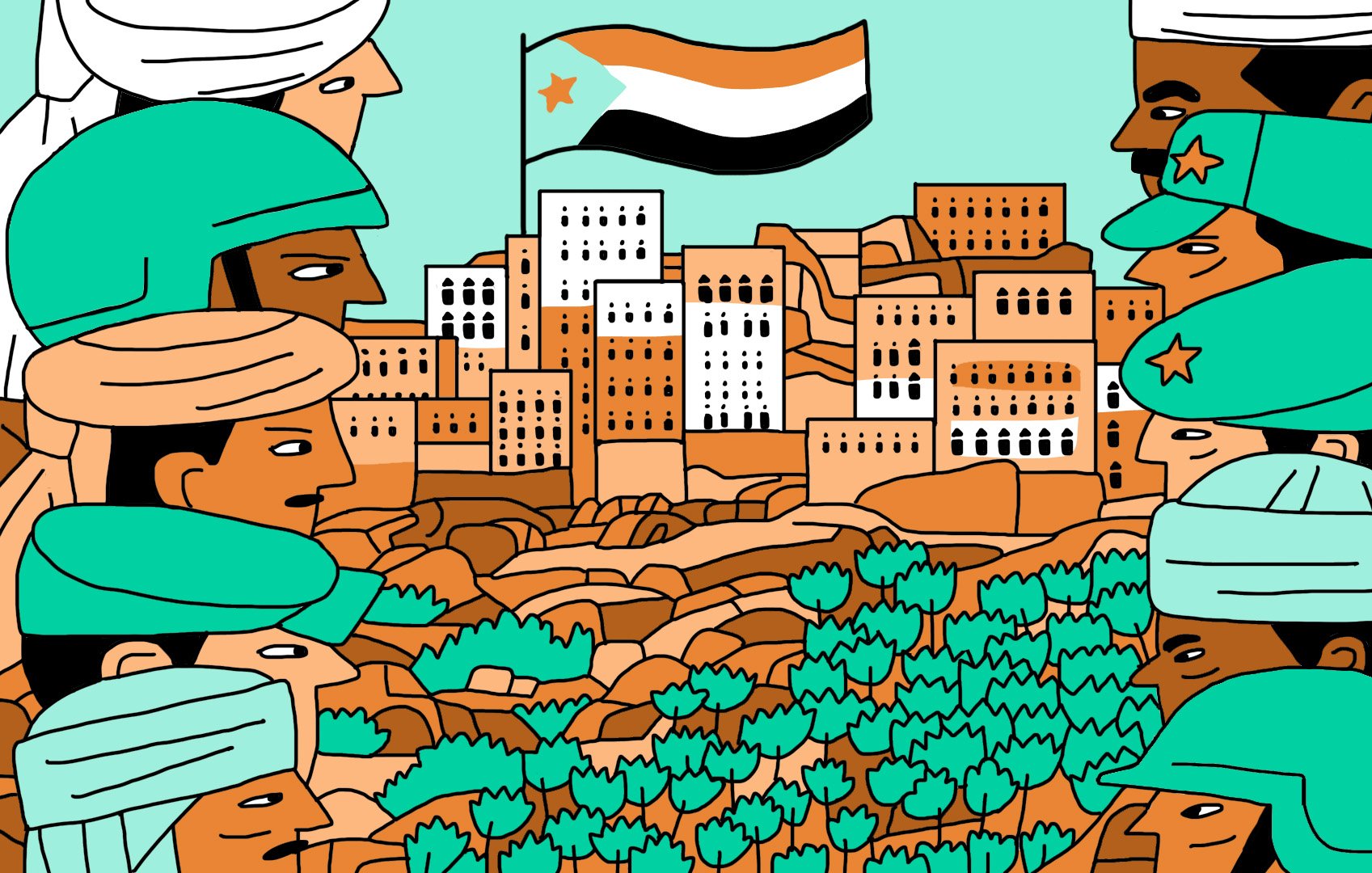 L'image représente une scène stylisée avec plusieurs soldats en avant-plan, chacun portant des casques de différentes couleurs. Ils font face à une ville aux bâtiments colorés, encadrée par des collines. Au centre, un drapeau tricolore avec une étoile flotte au-dessus de la ville. L'ensemble est réalisé dans un style graphique, avec des formes simplifiées et des couleurs vives. Les soldats semblent symboliser des factions distinctes, tandis que l'arrière-plan illustre un paysage régional.