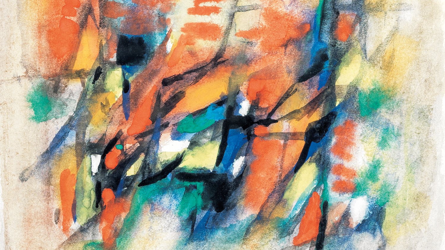 Cette image présente une œuvre abstraite composée de formes dynamiques et de couleurs vives. On y voit des touches de rouge, d'orange, de bleu et de vert, qui s'entrelacent et créent une impression d'énergie et de mouvement. Les lignes semblent se croiser et se superposer, ajoutant de la profondeur à la composition. L'ensemble évoque une certaine émotion et une atmosphère vibrante. L'utilisation de l'aquarelle permet de créer des transitions douces entre les couleurs.