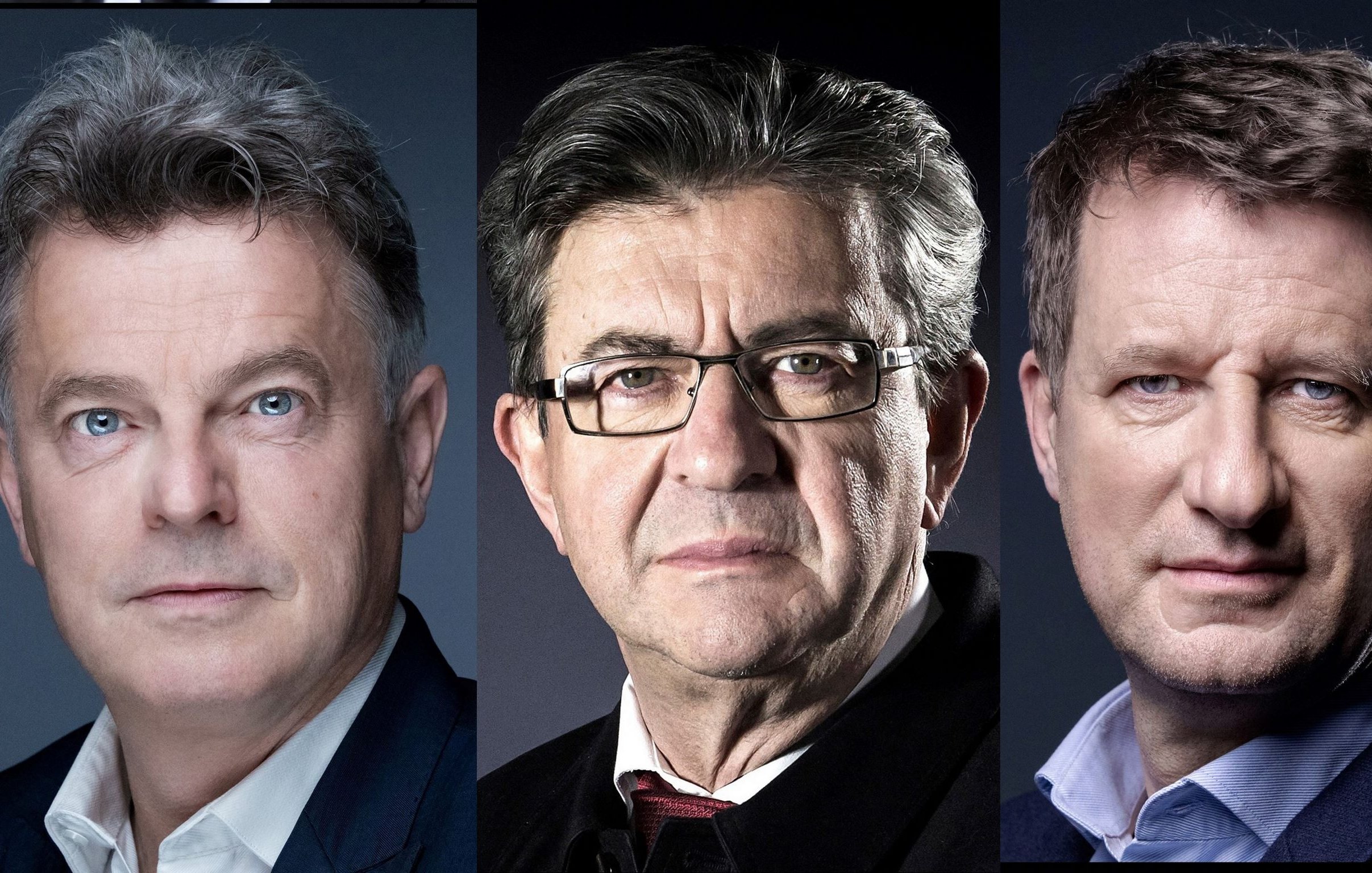 The image features three middle-aged men, each presented in a portrait style. 1. The man on the left has short, slightly tousled gray hair and blue eyes, wearing a dark blazer over a light shirt. He has a serious expression and is looking directly at the camera. 2. The middle man has darker hair, glasses, and a more somber look. He is wearing a dark coat over a collared shirt and appears to have a thoughtful expression. 3. The man on the right has light brown hair and blue eyes, dressed in a dark suit. He also gazes directly at the camera with a composed demeanor. The background of the image is neutral, which helps to focus attention on the subjects.