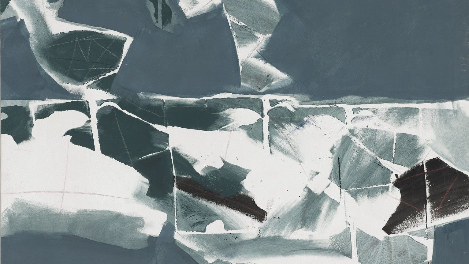 L'image présente une œuvre abstraite avec des formes et des motifs qui semblent fragmentés. Les nuances de gris, de blanc et de noir dominent la composition, créant un contraste saisissant. Les éléments semblent s'entremêler, donnant une impression de mouvement et de dynamisme. La texture de la peinture est visible, ajoutant de la profondeur et de la richesse à l'ensemble. L'œuvre suscite une réflexion sur la perception et l'interprétation des formes.