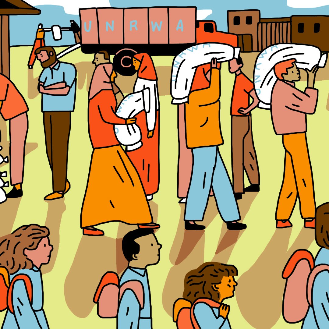 L'image représente une scène où un groupe de personnes est impliqué dans une distribution de biens. On voit des individus portant des sacs, probablement de nourriture ou de fournitures, avec le logo de l'UNRWA visible sur les sacs. Certaines personnes, dont des enfants avec des sacs à dos, se déplacent en ligne. L'arrière-plan montre des bâtiments et un véhicule de l'UNRWA, suggérant un contexte d'aide humanitaire. Les personnages sont habillés de manière variée, chacun ayant une expression concentrée sur la tâche à accomplir.