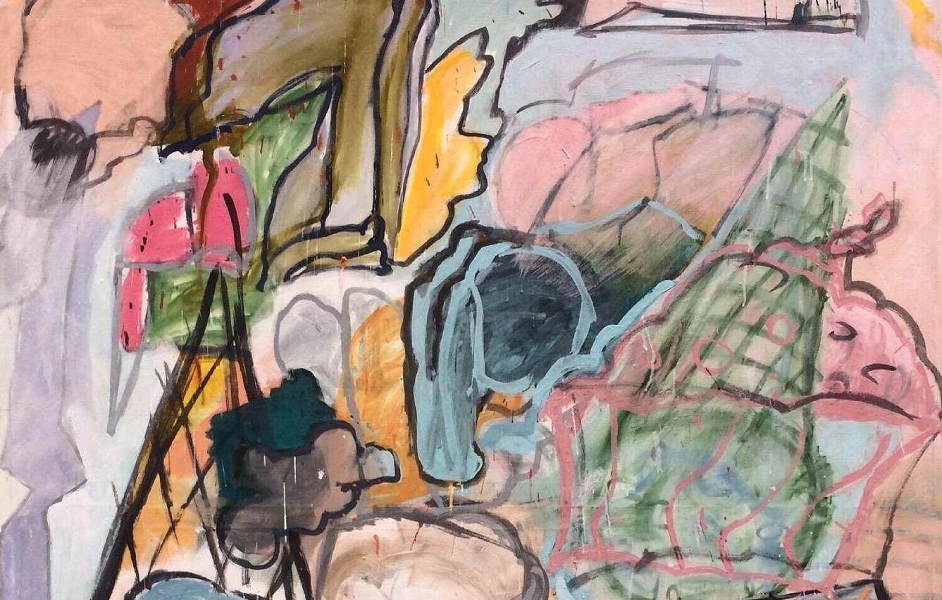 L'image représente une œuvre abstraite avec des formes organiques et des couleurs variées. On y observe des tons pastel, comme le rose, le bleu et le vert, mêlés à des traits plus sombres. Les formes semblent fluides et se superposent, créant une composition dynamique et expressive. Quelques éléments ressemblent à des figures ou des paysages stylisés, mais l'ensemble invite à l'interprétation personnelle.