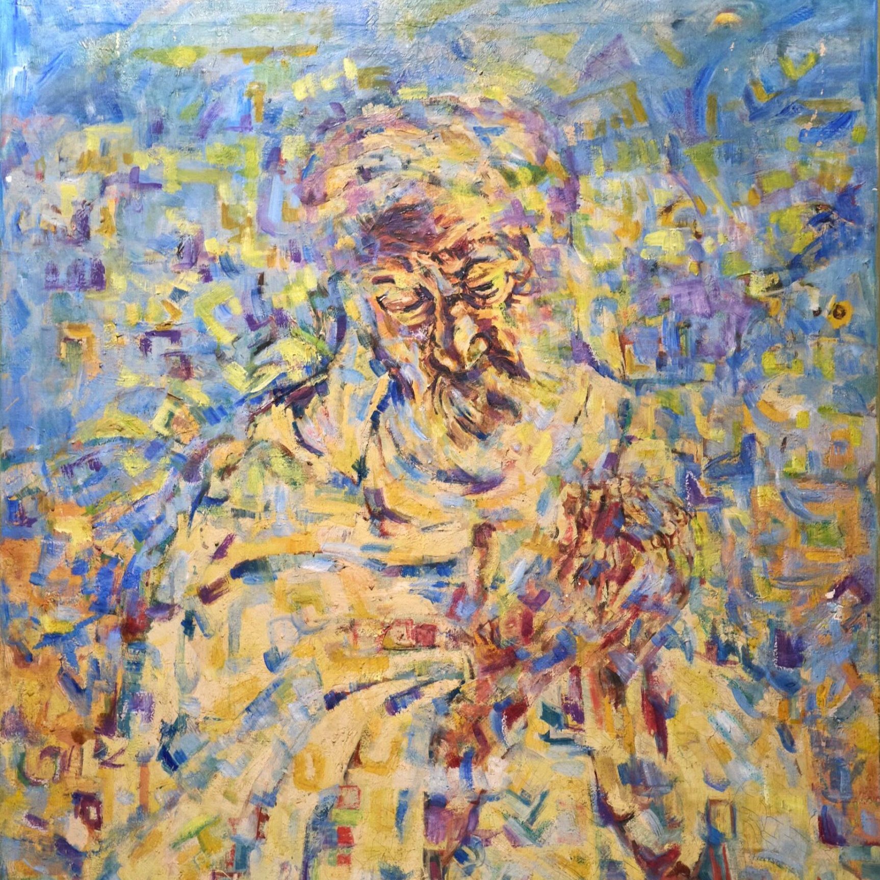 Un portrait fébrile d'un homme, aux couleurs vibrantes et textures tourbillonnantes.