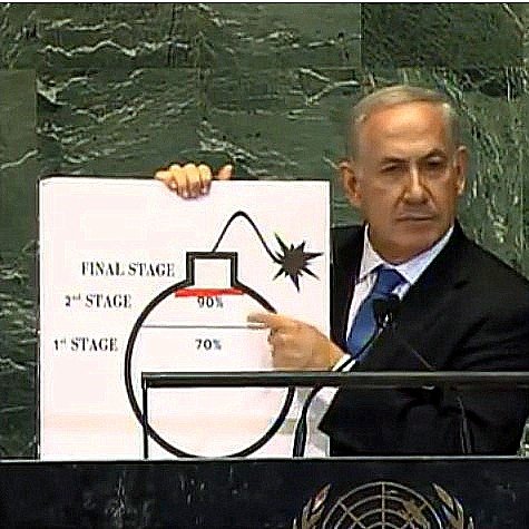 L'image montre un homme en costume, debout devant un pupitre, tenant une grande affiche. Il pointe vers un diagramme qui illustre les différentes étapes d'un processus, avec des pourcentages indiquant des niveaux d'avancement. Le diagramme semble représenter une bombe, avec des mentions pour les étapes "1ère", "2ème" et "étape finale". L'arrière-plan est celui d'un bâtiment de l'ONU, suggérant que cette présentation a lieu lors d'une réunion officielle.