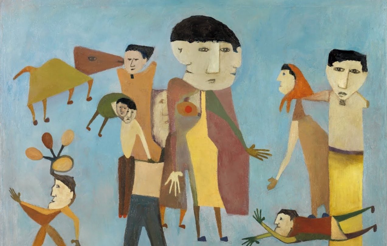 L'image représente une scène stylisée avec plusieurs figures humaines et un animal. Les personnages ont des formes géométriques et des traits exagérés, donnant à l'ensemble un aspect naïf et expressif. Ils semblent interagir les uns avec les autres dans un fond de couleur bleu clair. On remarque une diversité dans leurs postures et leurs expressions, tandis qu'un animal, ressemblant à un chien, se déplace dans la composition. L'œuvre, datée de 1962 et signée par un artiste, évoque une ambiance à la fois ludique et contemplative.