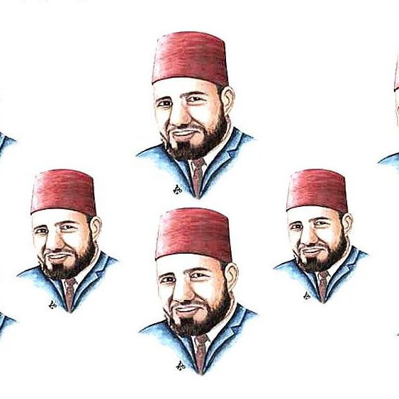 L'image montre une série de portraits identiques d'un homme portant un fez rouge. Son expression est amicale, avec un sourire. Les portraits sont arrangés en une grille de huit, créant un effet visuel répétitif. Le fond est clair, mettant en valeur les traits de l'homme et son couvre-chef traditionnel.