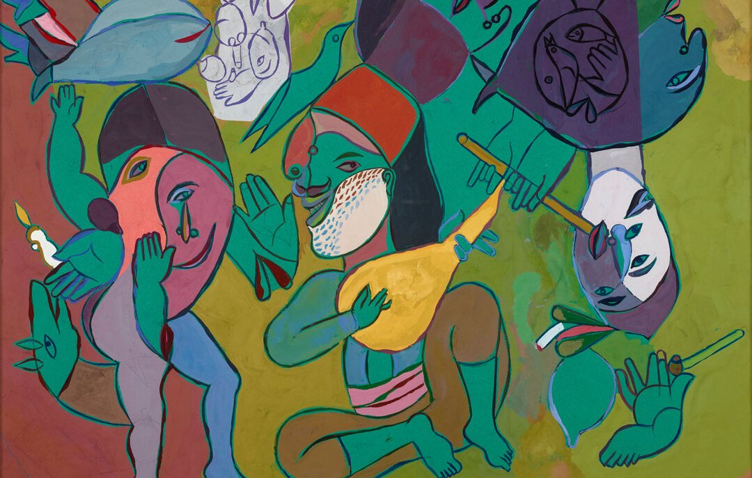 L'image présente une scène vibrante et colorée, remplie de formes abstraites et stylisées. On y voit des figures humaines aux traits exagérés, certains jouant des instruments de musique. Les personnages sont représentés dans des couleurs vives comme le vert, le rouge et le bleu, créant une atmosphère festive. Des éléments naturels comme des poissons et des oiseaux complètent la composition, ajoutant une touche de vie et de mouvement. L'ensemble transmet une sensation de joie et d'harmonie.