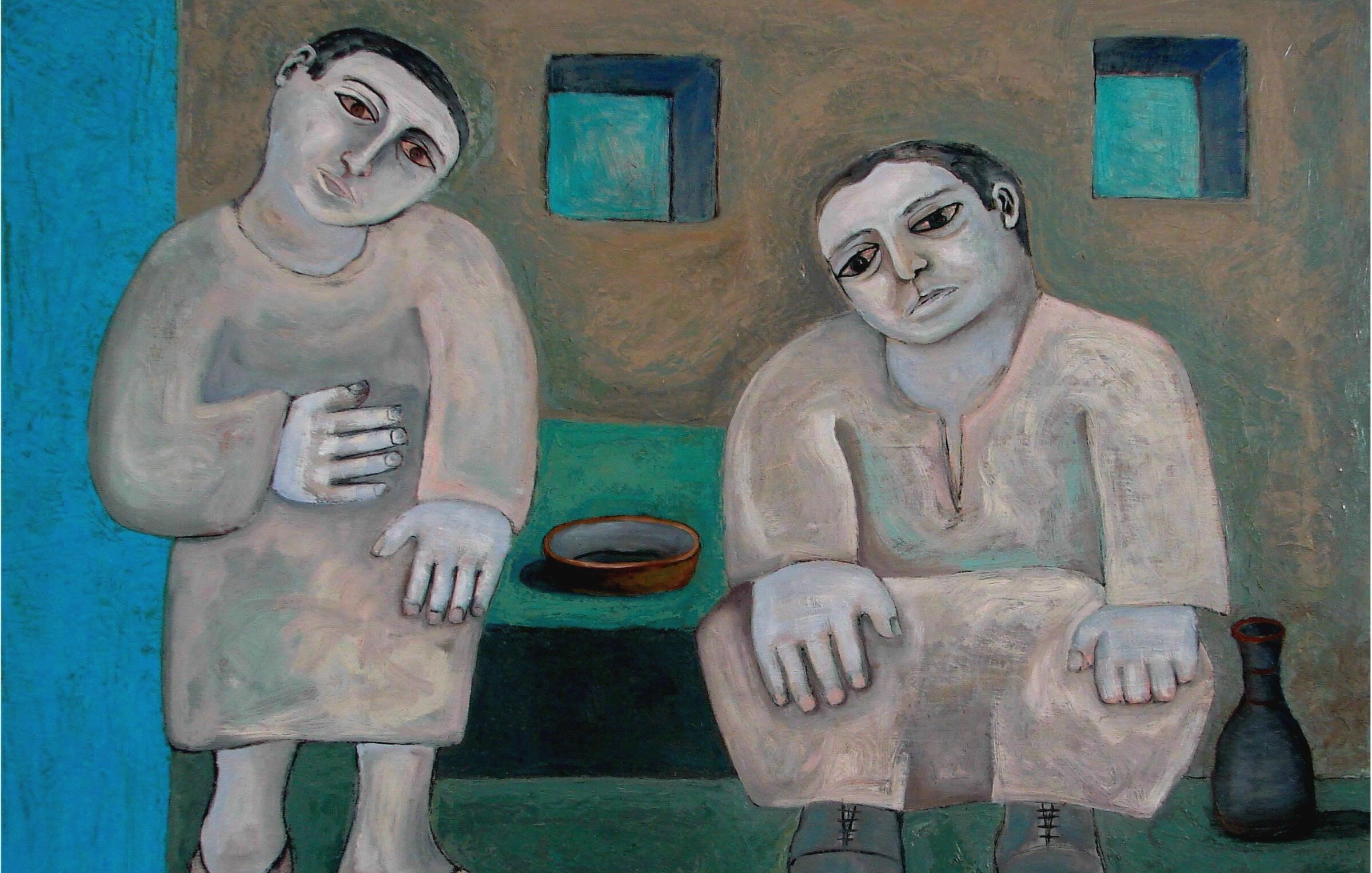 L'image représente deux figures humaines de style artistique simplifié et stylisé. L'une des figures est debout, légèrement tournée vers la gauche, avec une expression pensive, tandis que l'autre est assise, se penchant légèrement en avant. Les personnages portent des vêtements clairs et sombre, et leurs traits sont exagérés, donnant une impression de mélancolie. L'arrière-plan est sobre, composé de couleurs terreuses, et il y a des fenêtres carrées aux teintes bleues, ajoutant une touche de couleur à la scène. Un bol et une bouteille sont placés sur le sol, suggérant une atmosphère intime ou domestique. Le style rappelle les œuvres de l'art moderne, avec des formes simples et une palette de couleurs limitée.