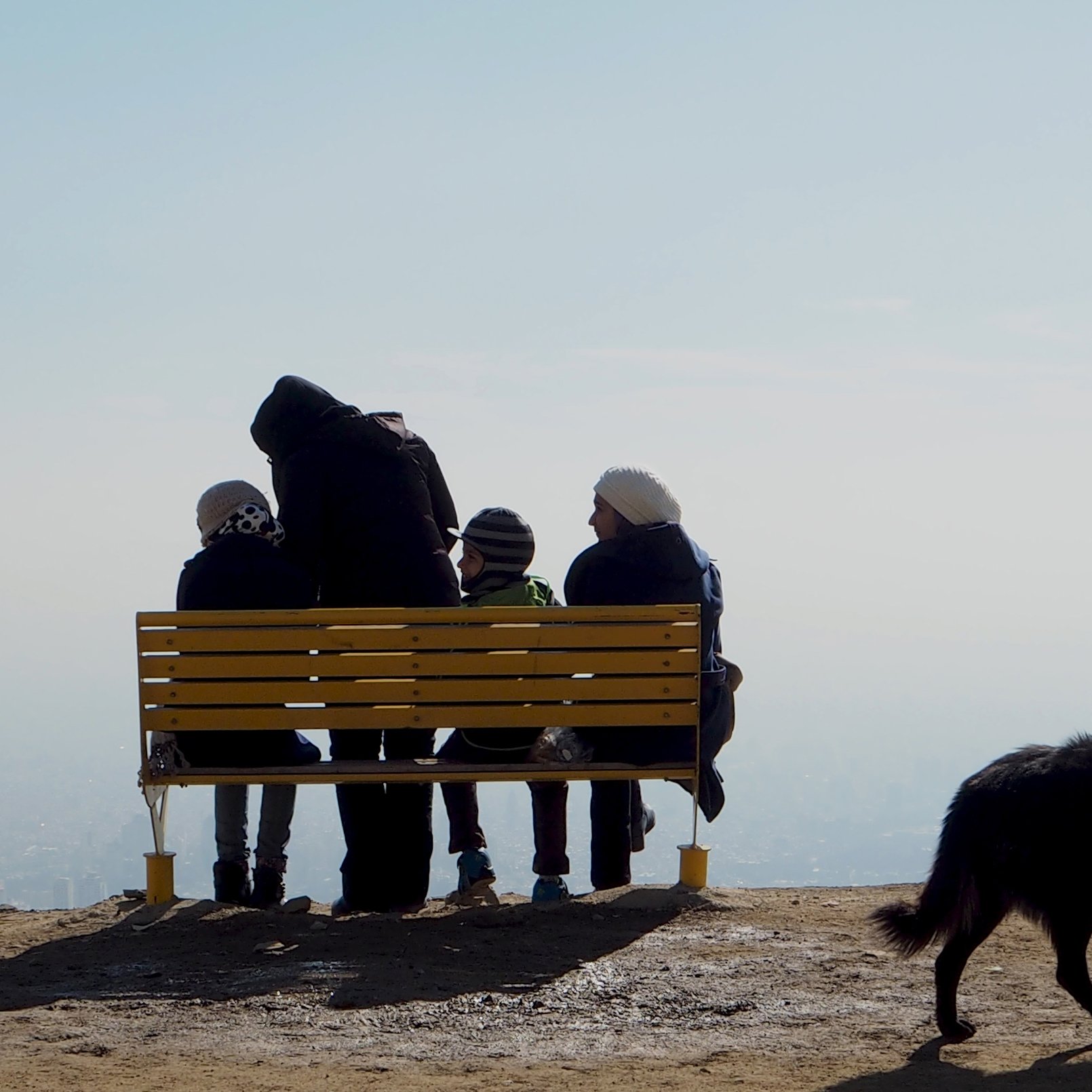 L'image montre un groupe de quatre personnes assises sur un banc jaune sur une colline ou un sommet. Ils sont tournés vers un paysage brumeux, peut-être en admirant la vue. Parmi eux, on peut voir un adulte et trois enfants. L'adulte porte un manteau sombre tandis que les enfants portent des bonnets. À droite de l'image, un chien noir se tient sur le sol, se dirigeant vers l'extérieur du cadre. L'atmosphère semble tranquille et contemplative, avec une faible visibilité en raison de la brume.