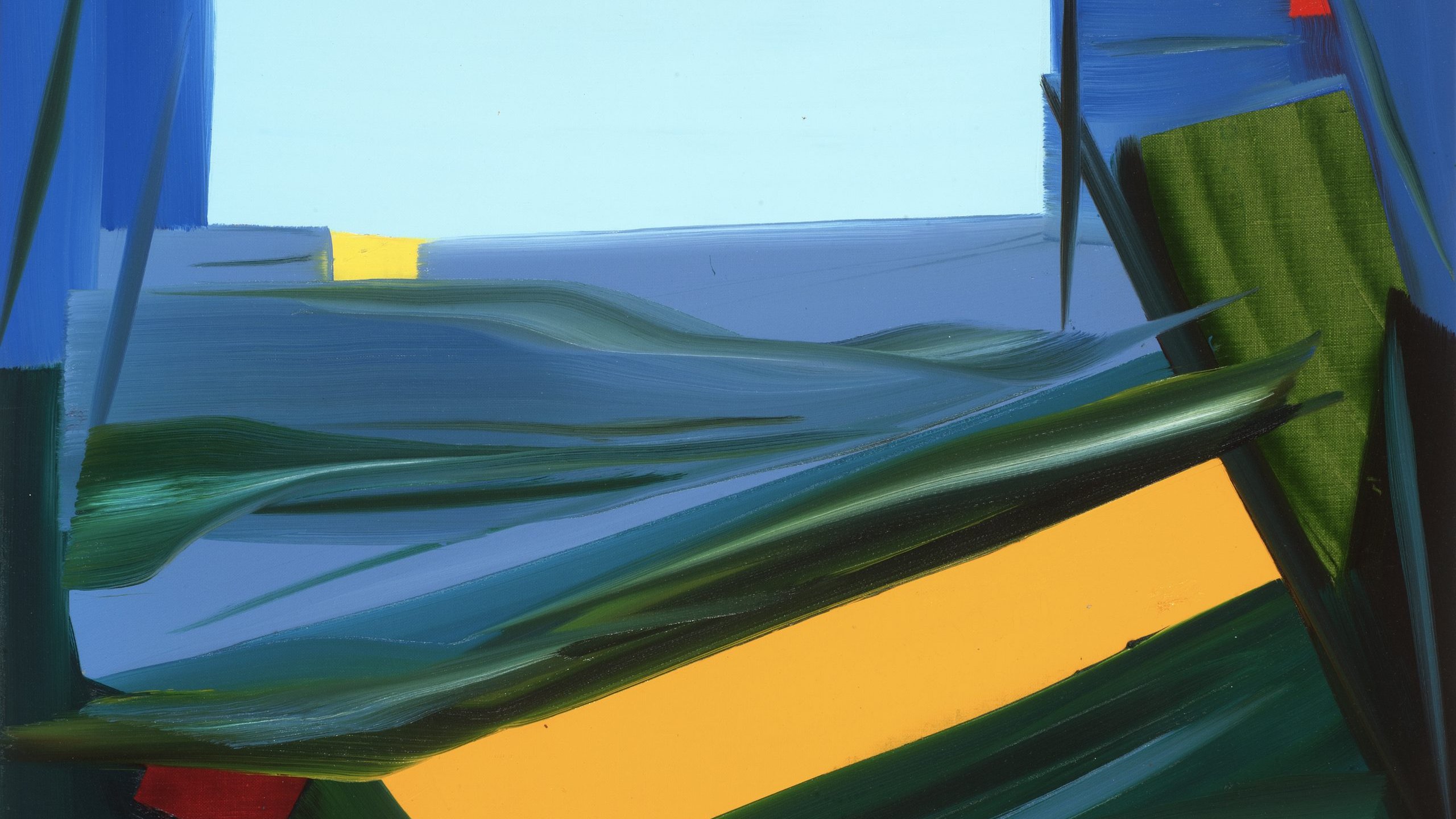 L'image présente une composition abstraite avec des formes et des couleurs vives. On y trouve un fond de diverses nuances de bleu, représentant peut-être un ciel ou une mer. Au centre, un rectangle clair, qui évoque la lumière ou une fenêtre, contraste avec les teintes plus sombres et texturées qui l'entourent. Des éléments géométriques, comme un grand triangle vert et un rectangle jaune, sont disposés de manière dynamique, donnant une impression de mouvement. L'ensemble dégage une atmosphère à la fois apaisante et énergique, caractéristique de l'art abstrait.