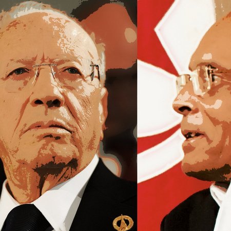 L'image présente deux personnages, probablement des figures politiques, aux visages distincts. À gauche, une personne avec des lunettes et une expression sérieuse, portant un costume sombre. À droite, une autre personne avec des lunettes également, affichant une expression plus contemplative et une tenue différente. Un fond rouge avec un motif suggère un contexte politique.