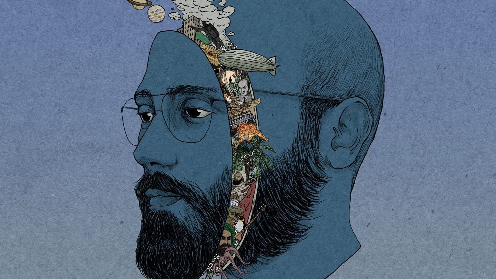 L'image représente un visage de profil, avec une tête de couleur bleue. Une série d'illustrations créatives se déploie à l'intérieur de la moitié de la tête, montrant des éléments naturels et fantastiques tels que des planètes, des nuages, des animaux marins, des objets variés et des scènes qui évoquent l'imagination et la découverte. Le contraste entre la tête monochromatique et les illustrations colorées donne un effet visuel intéressant et captivant. Un style artistique qui combine des aspects réalistes et surréalistes.